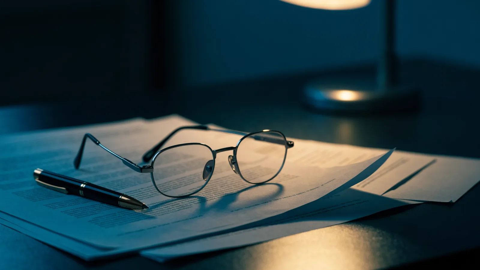 Versicherungsunterlagen und Lesebrille auf dem Schreibtisch