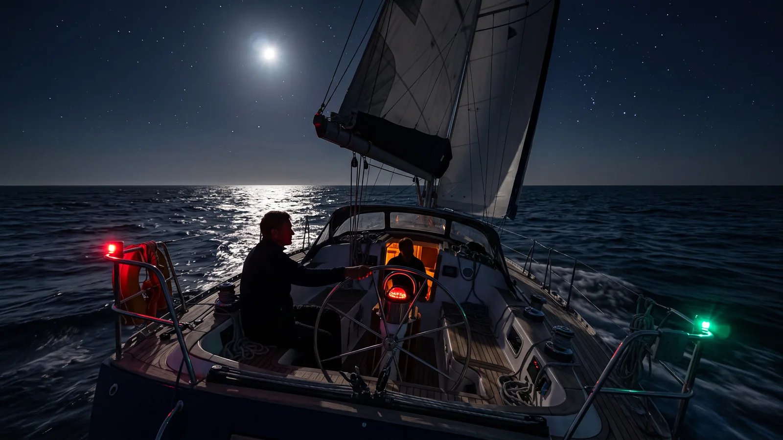 Blauwasseryacht nachts allein auf offener See, Mondbahn bis zum Horizont