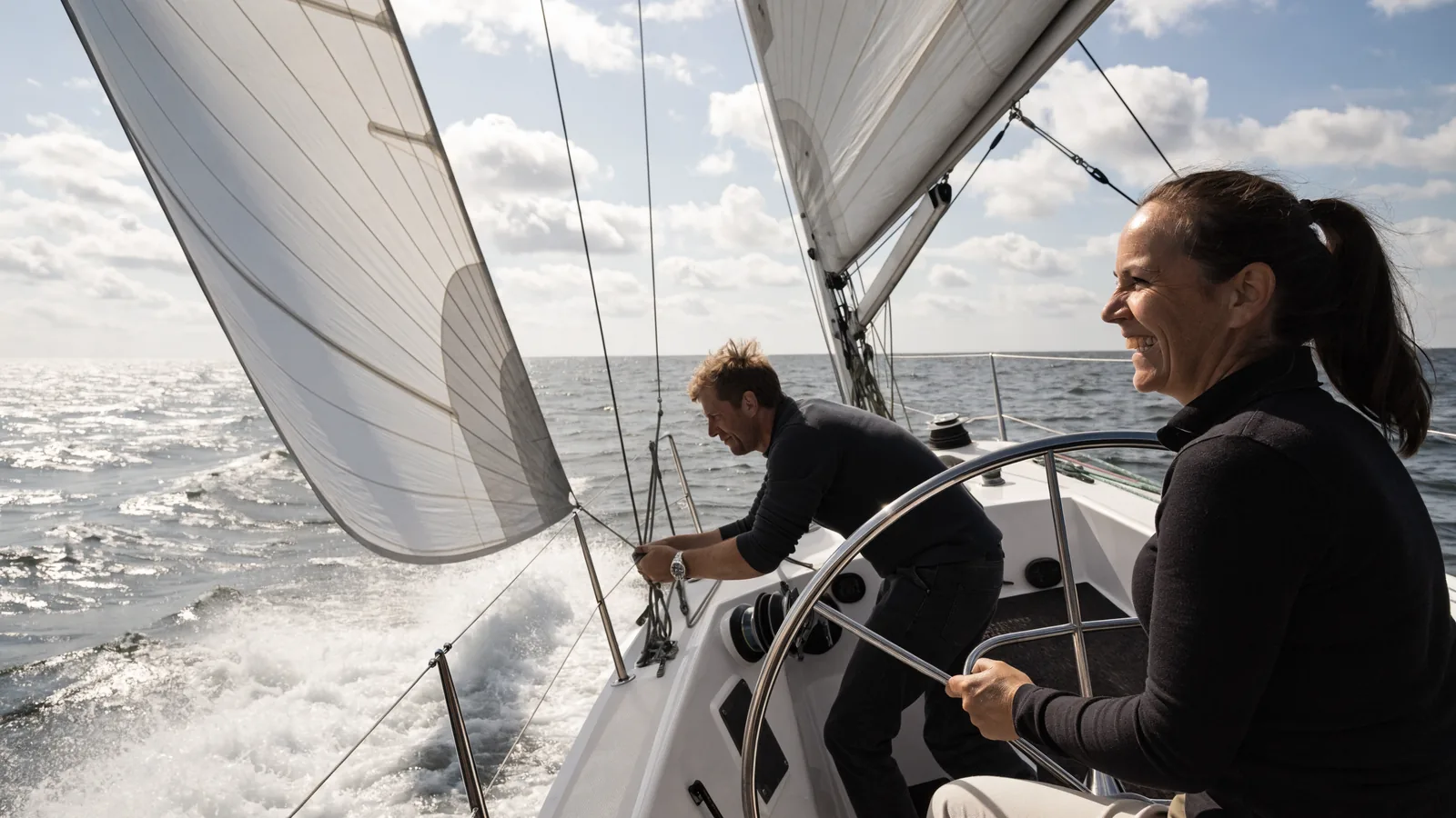 Eine Frau steuert lachend eine Segelyacht unter vollen Segeln, ihr Partner bedient die Winsch