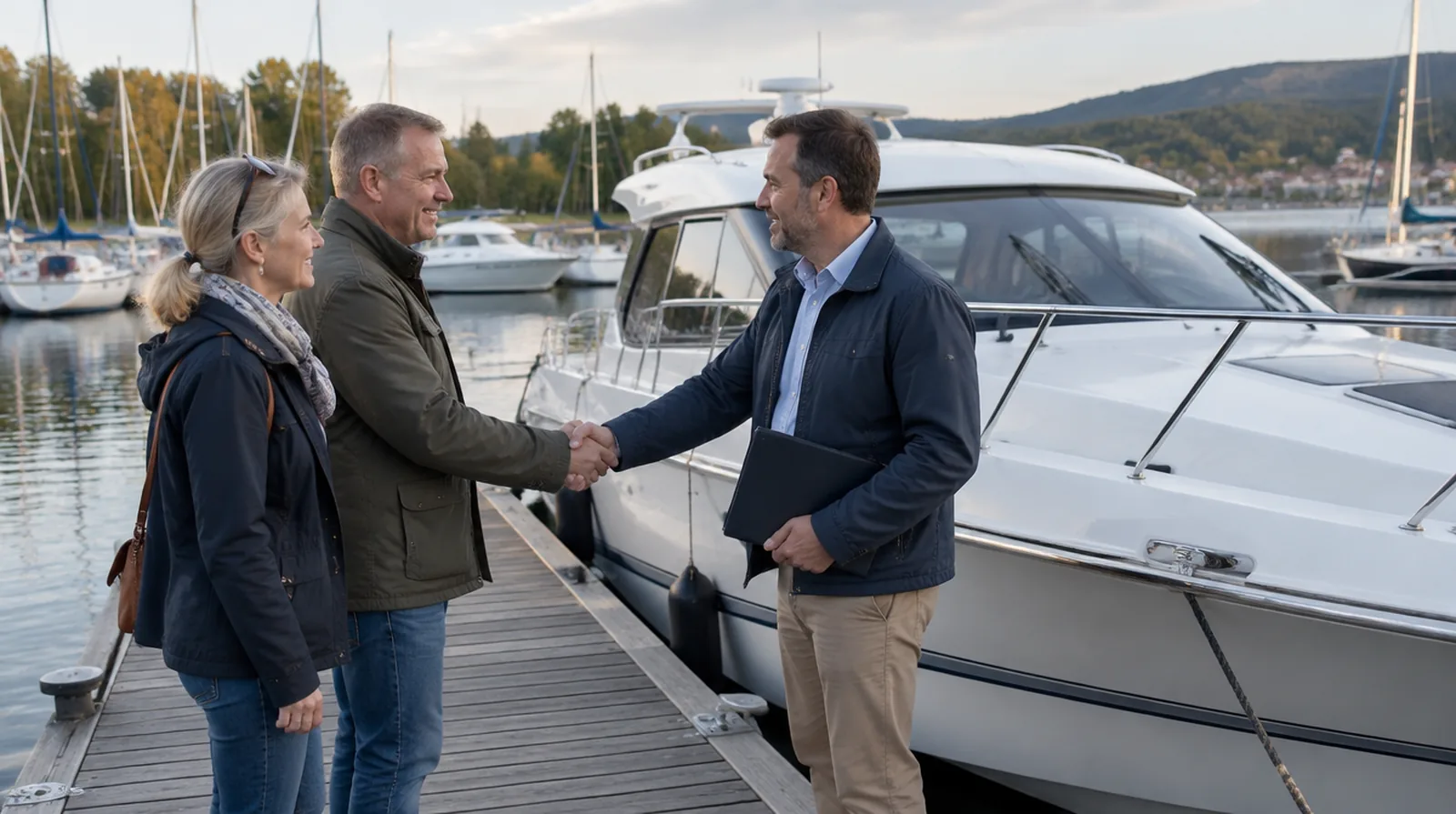 Übergabe am Steg: ein Paar und der Händler geben sich vor einem gepflegten Motorboot die Hand