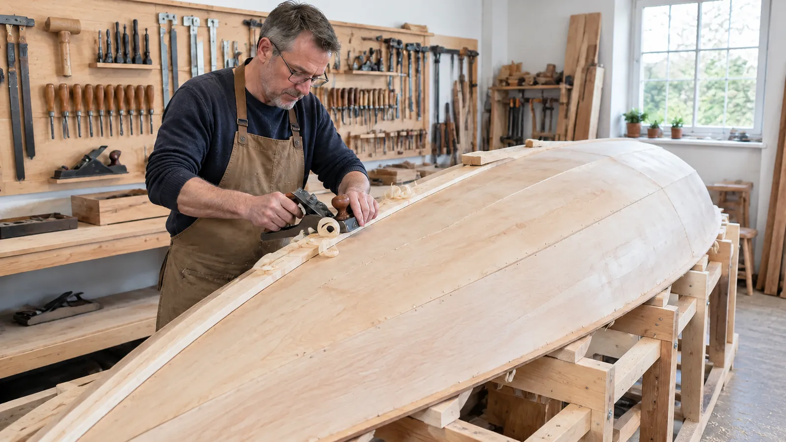 Ein Mann hobelt in seiner Werkstatt am Rumpf einer selbst gebauten Holzjolle