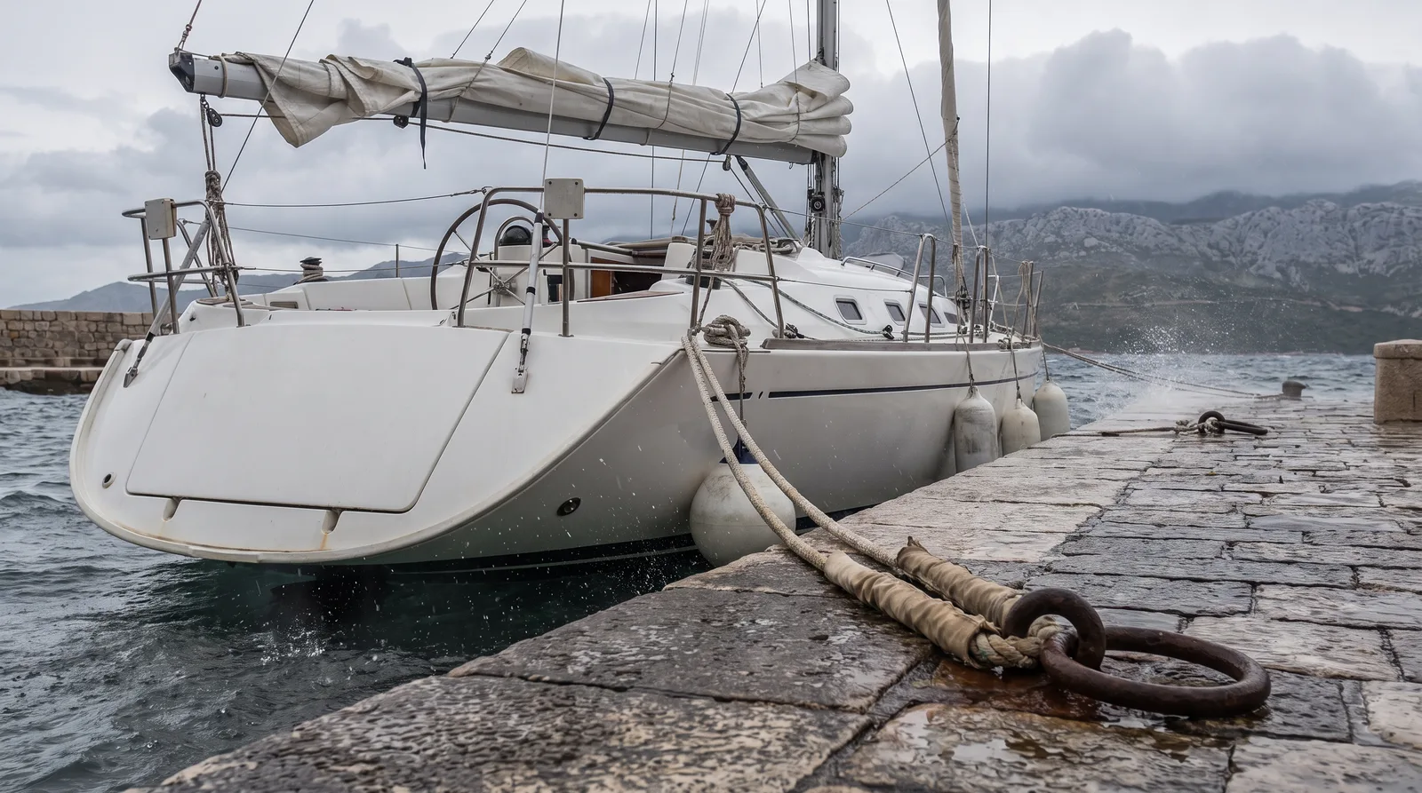 Stern of a white sailing yacht lying alongside a wet stone pier, two heavy mooring lines with chafe guards made fast to an iron ring, fenders between hull and quay, the mainsail lashed to the boom, grey choppy water, spray and limestone hills under low cloud behind.