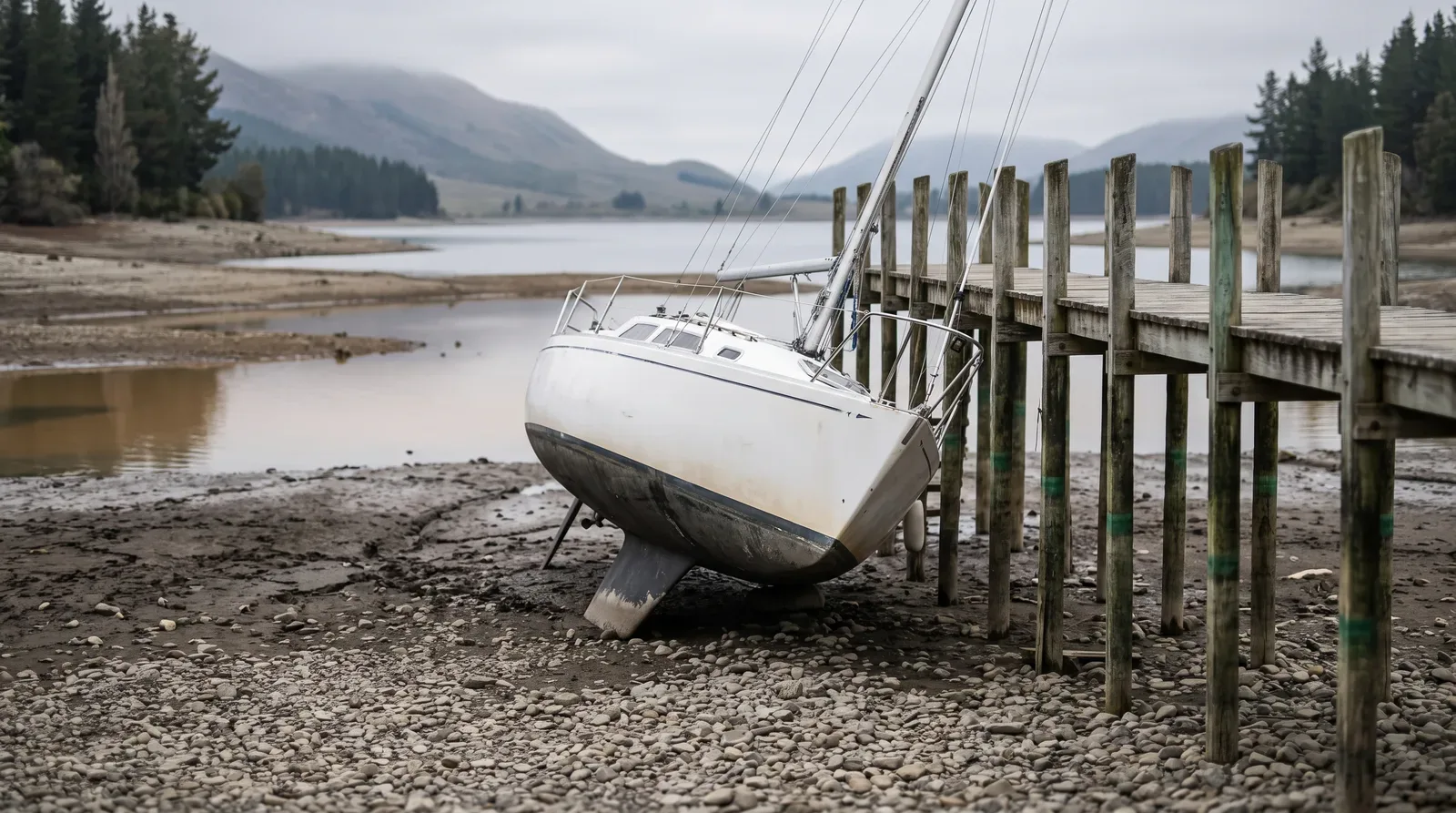 White fin keel sailing yacht resting at an angle on dry pebbles beside a tall wooden jetty, with a shallow lake and hills under a grey sky behind