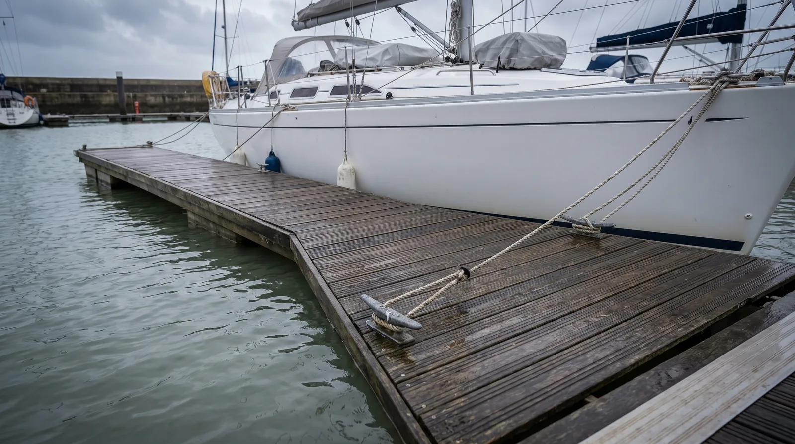 A well kept white sailing yacht lying at a wet timber pontoon under an overcast sky, her bow line taut on the cleat.