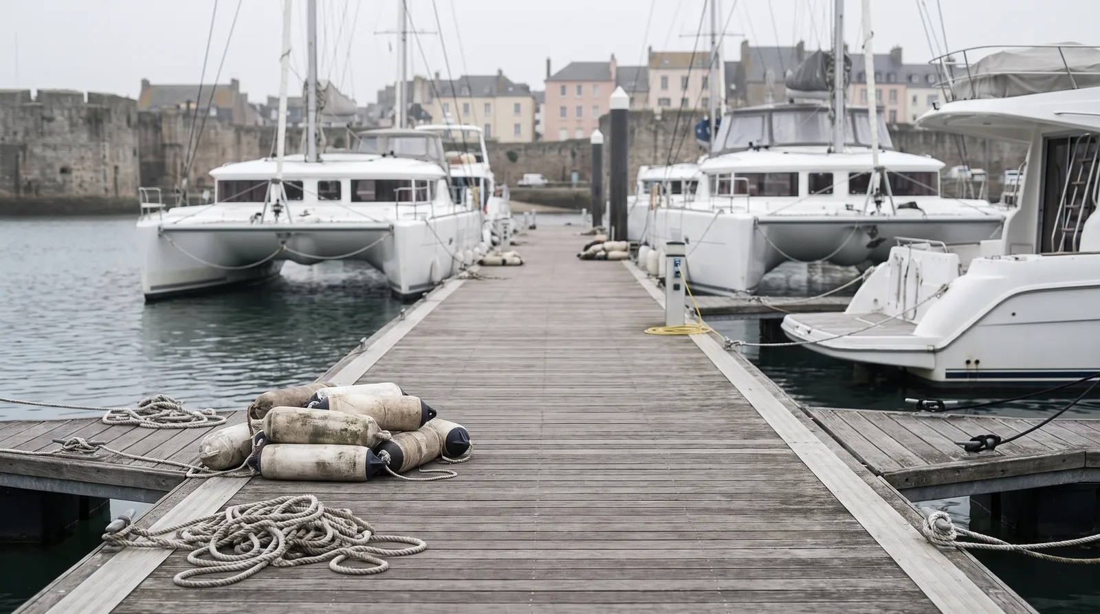 Leerer Holzsteg in einem Altstadthafen am Morgen, links und rechts liegen weiße Segelkatamarane und ein Motorboot, im Vordergrund gestapelte Fender und aufgeschossene Festmacher.