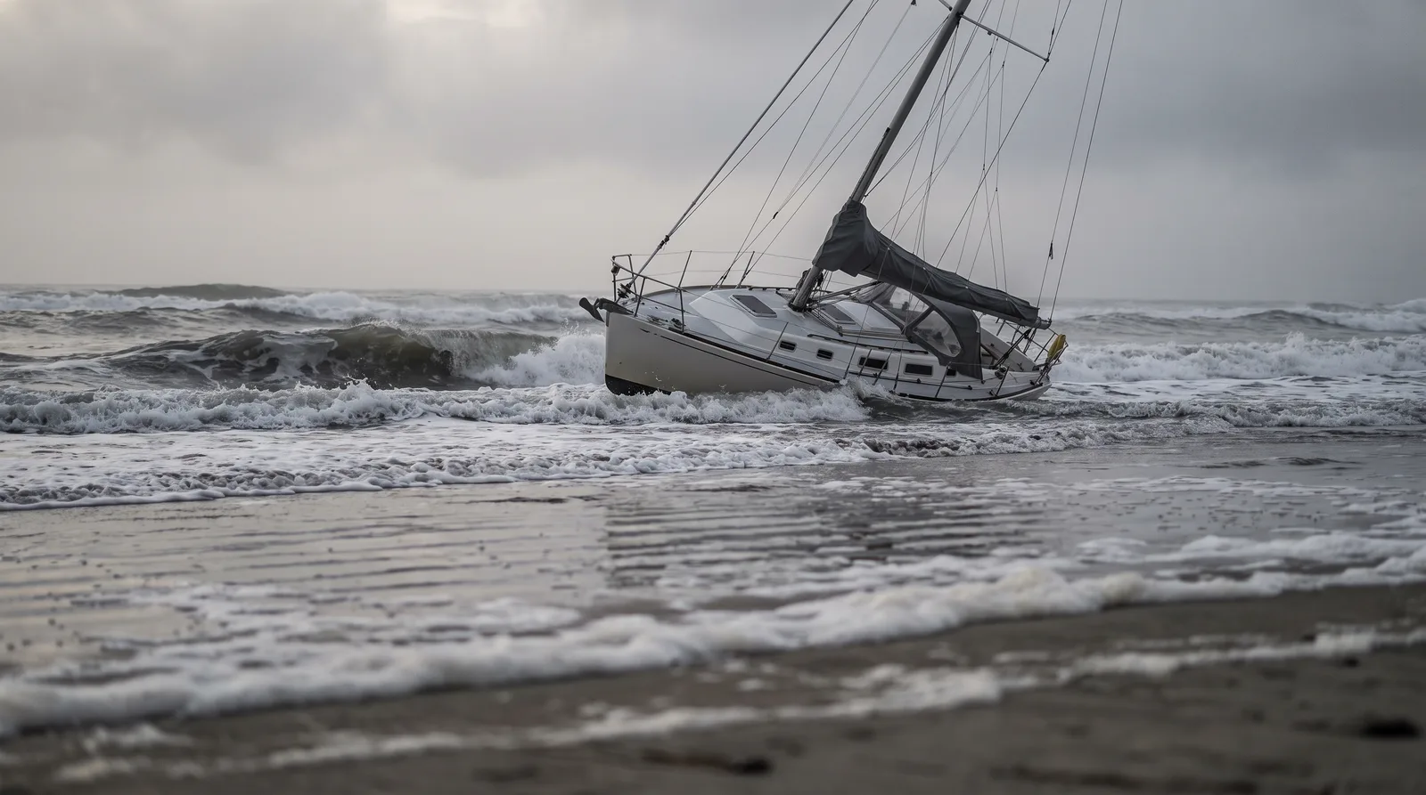 A sloop heeled over on a sandbar in the surf, breaking waves washing over her deck under a grey dawn sky