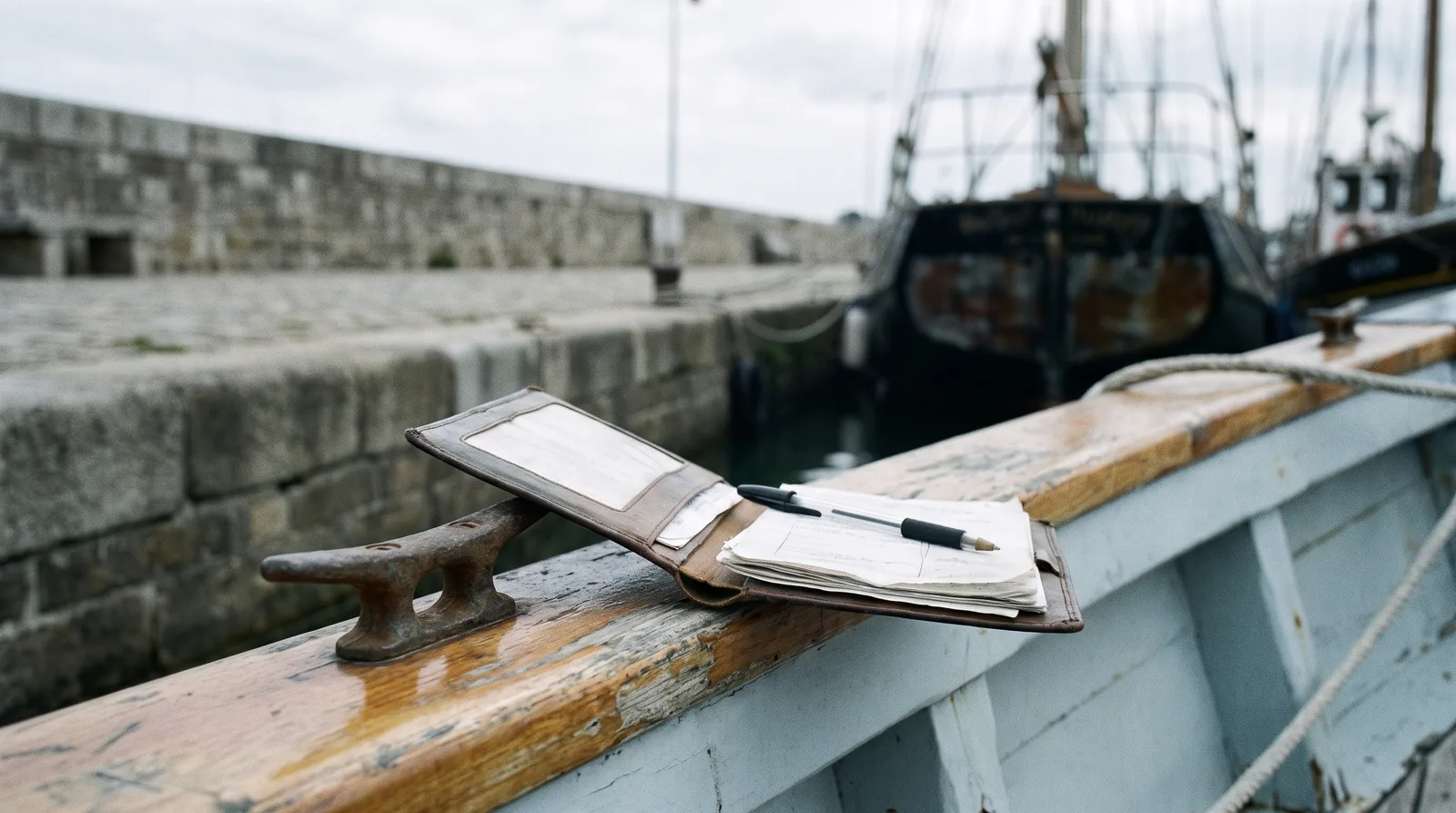 A document wallet with a boat's papers on a yacht's toe rail, a quay wall behind