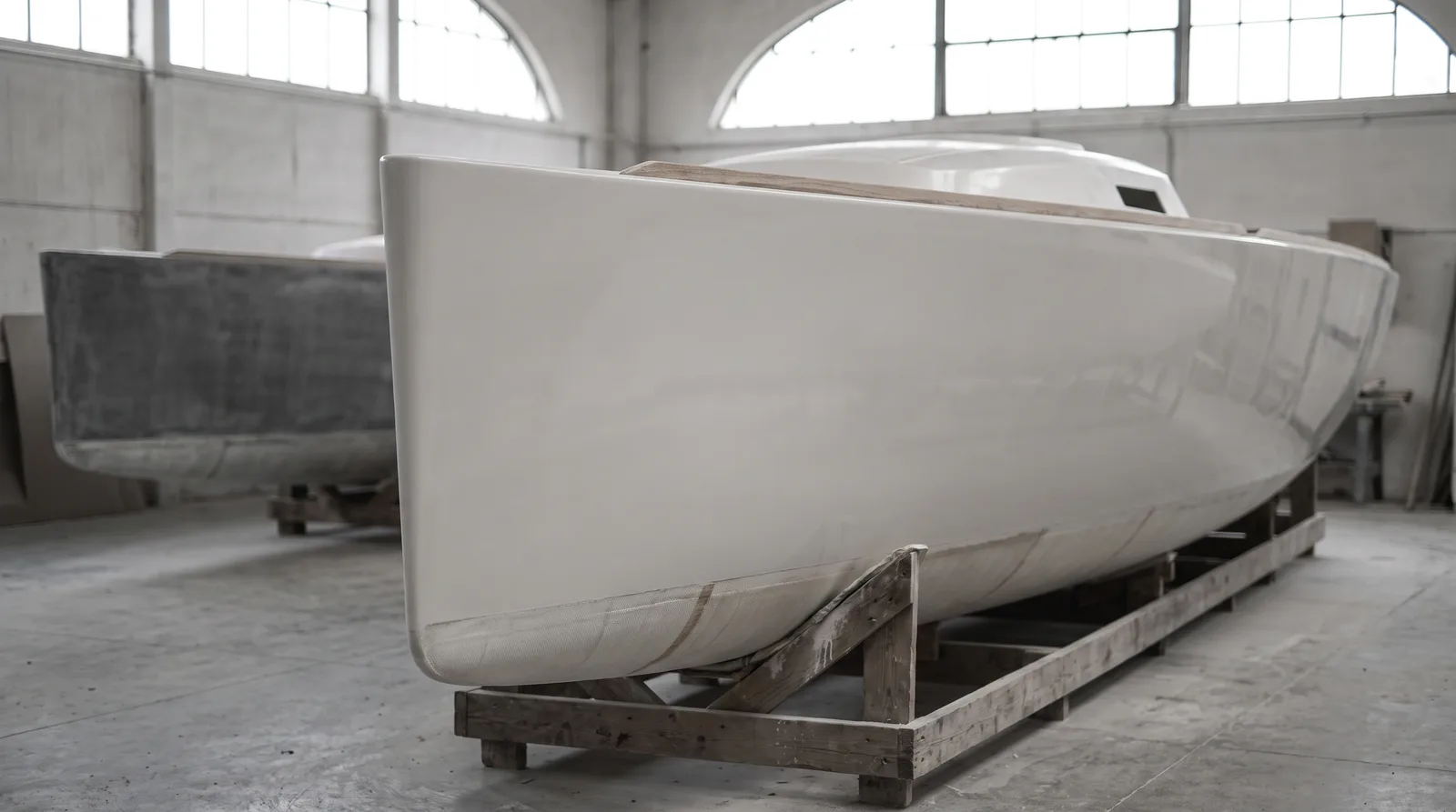 Ein glatter weißer Rumpf einer neuen Segelyacht auf einem Holzgestell in einer hellen Werfthalle mit Bogenfenstern, dahinter unscharf ein zweiter, noch grauer Rumpf