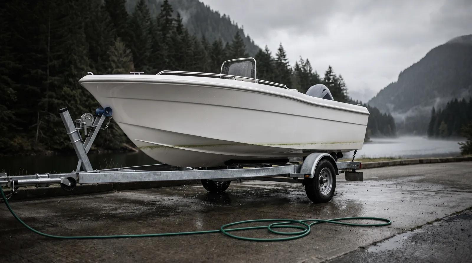 Ein weißes Konsolenboot steht frisch aus dem Wasser auf einem verzinkten Trailer auf nassem Beton. Der gepflegte Rumpf tropft noch, an der Wasserlinie zieht sich ein schmaler grüner Bewuchsstreifen entlang. Davor liegt ein Wasserschlauch, dahinter ein Alpensee zwischen bewaldeten Hängen.