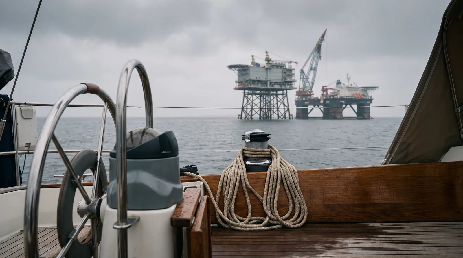Blick aus dem Cockpit einer Segelyacht über die graue Ostsee: vorn ein Steuerrad aus Edelstahl und eine Winsch mit aufgeschossener Leine auf Teak, am Horizont eine Offshore-Plattform auf Stahlgittergründung und daneben ein großes Kranschiff.