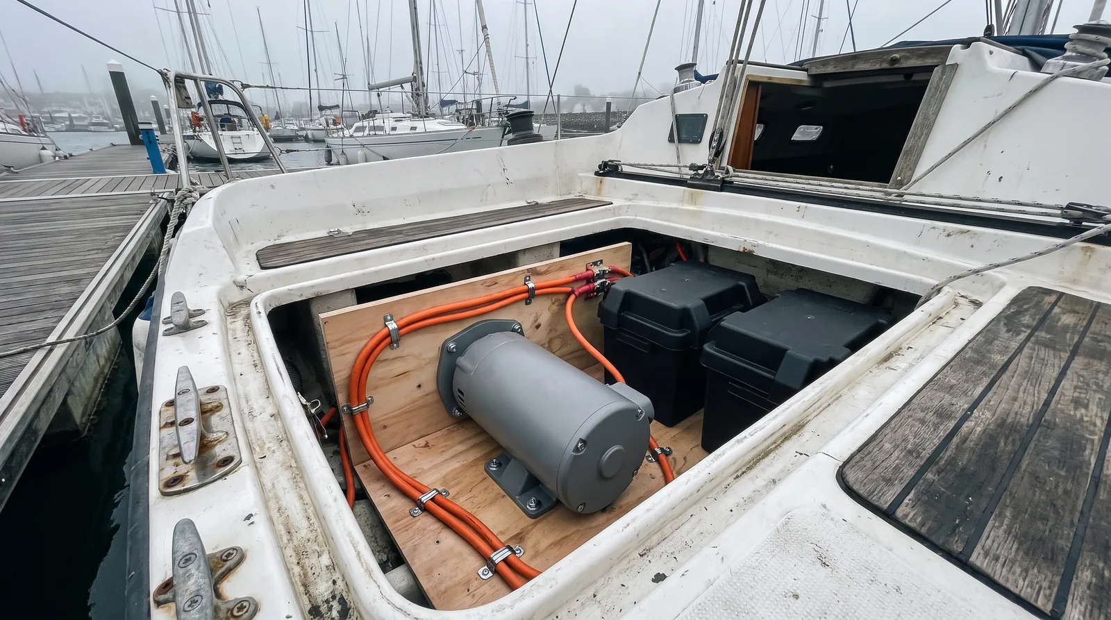 Blick in den offenen Motorraum einer älteren Segelyacht am Schwimmsteg: ein kompakter grauer Elektromotor, orange Kabel und zwei schwarze Batteriekästen auf frischem Holz.