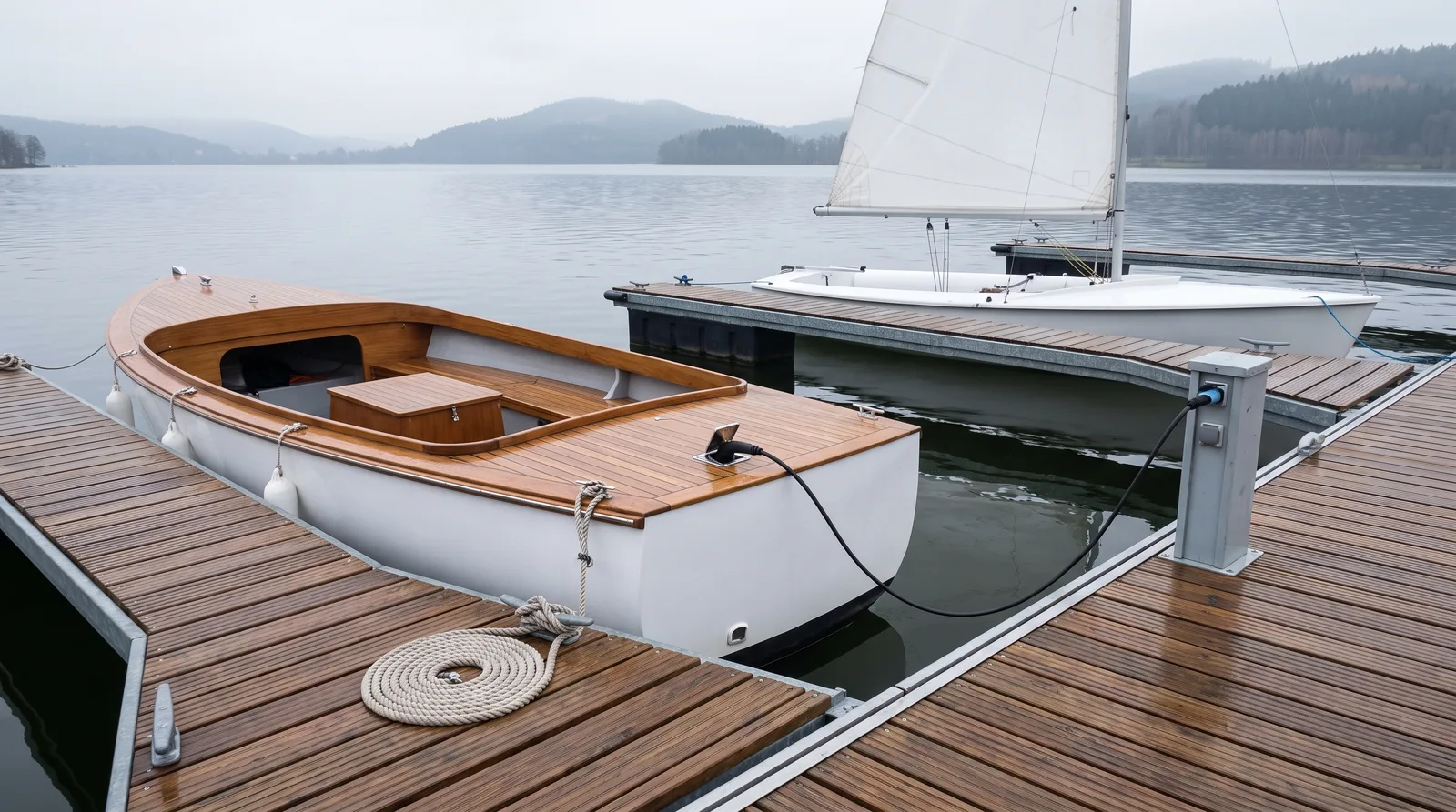 Offenes Elektroboot mit weißem Rumpf und lackiertem Holzdeck an einem Schwimmsteg, ein schwarzes Ladekabel führt von einer grauen Stromsäule zur Buchse im Deck, dahinter eine kleine weiße Jolle mit gesetztem Segel auf einem See mit bewaldeten Hügeln im Dunst