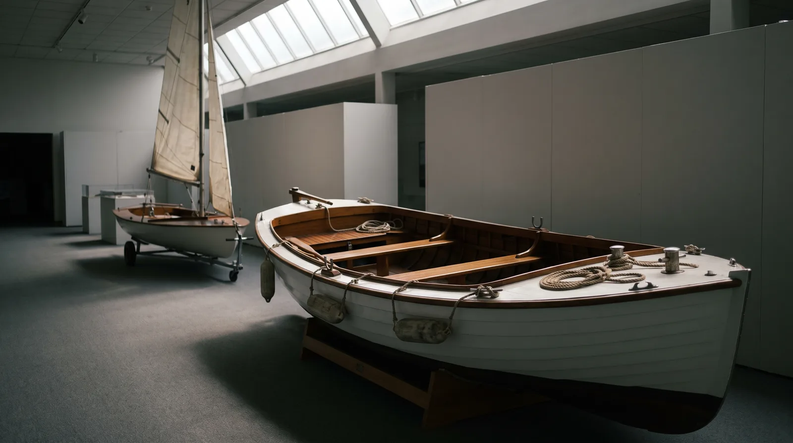 Leere Messehalle unter Oberlichtern: vorn ein weißes Holzruderboot mit Teakbänken und aufgeschossenen Leinen auf einem Holzbock, dahinter eine kleine Jolle mit gesetzten Segeln auf einem Slipwagen, graue Stellwände ringsum