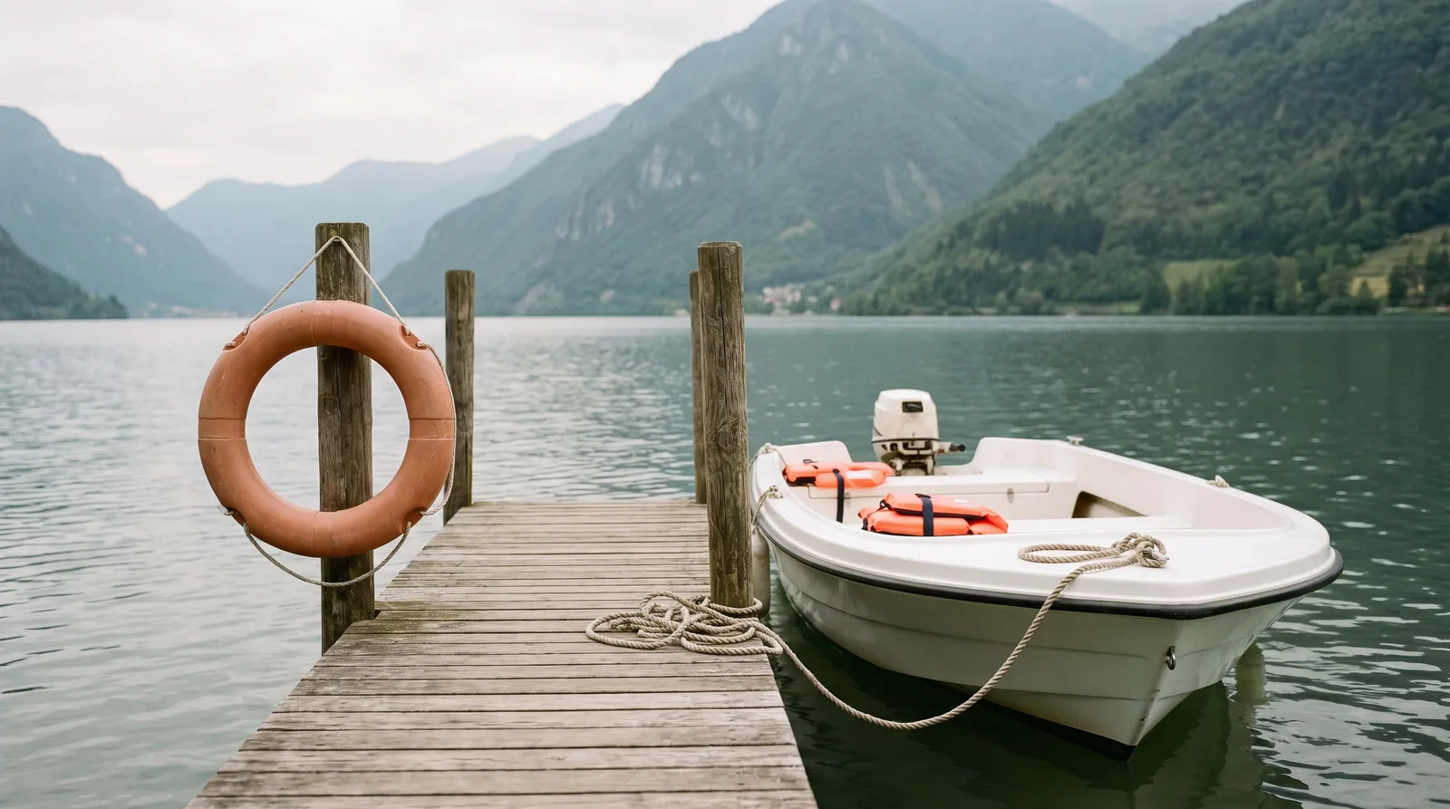 Ein Holzsteg ragt in einen ruhigen Bergsee, an einem Pfahl hängt ein orangefarbener Rettungsring, daneben liegt ein kleines weißes offenes Motorboot mit Außenborder und zwei orangefarbenen Rettungswesten auf der Sitzbank, dahinter bewaldete Berge im Dunst.