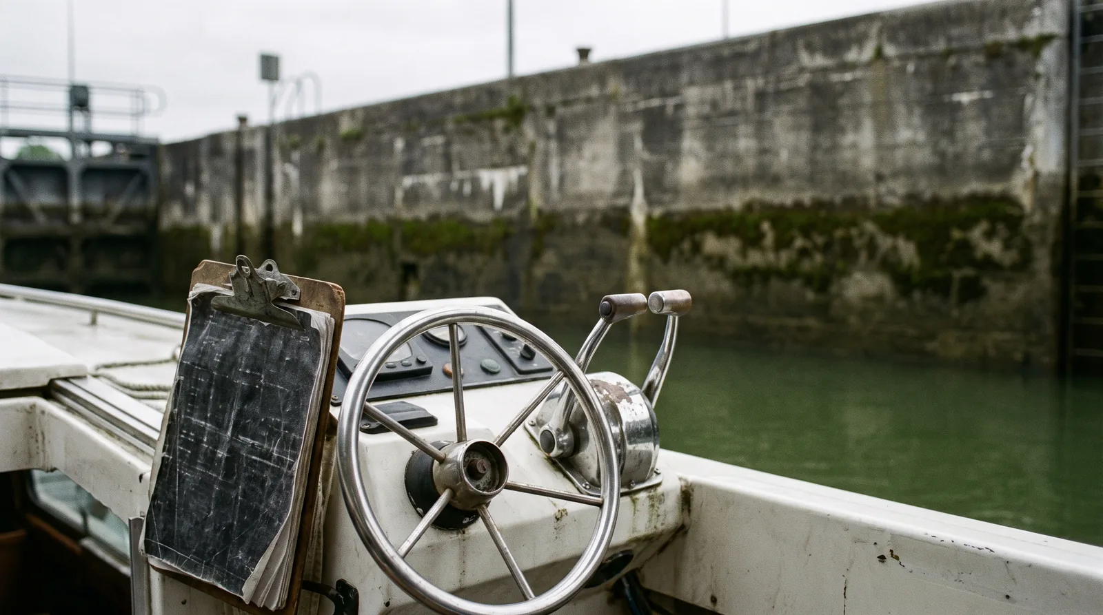 The steering position of a small passenger boat in front of a lock chamber wall