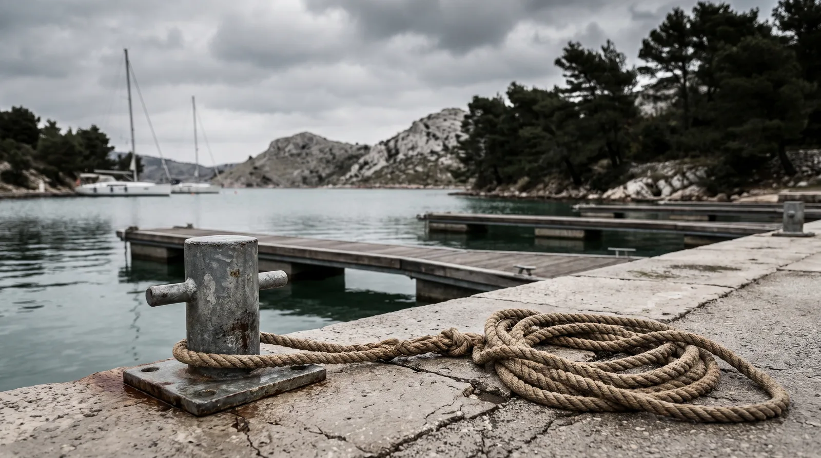 Ein verzinkter Poller mit einer aufgeschossenen Festmacherleine auf einer Betonkaje, daneben leere Holzstege, im Hintergrund zwei Segelyachten in einer Bucht mit Kiefern und Kalksteinhügeln