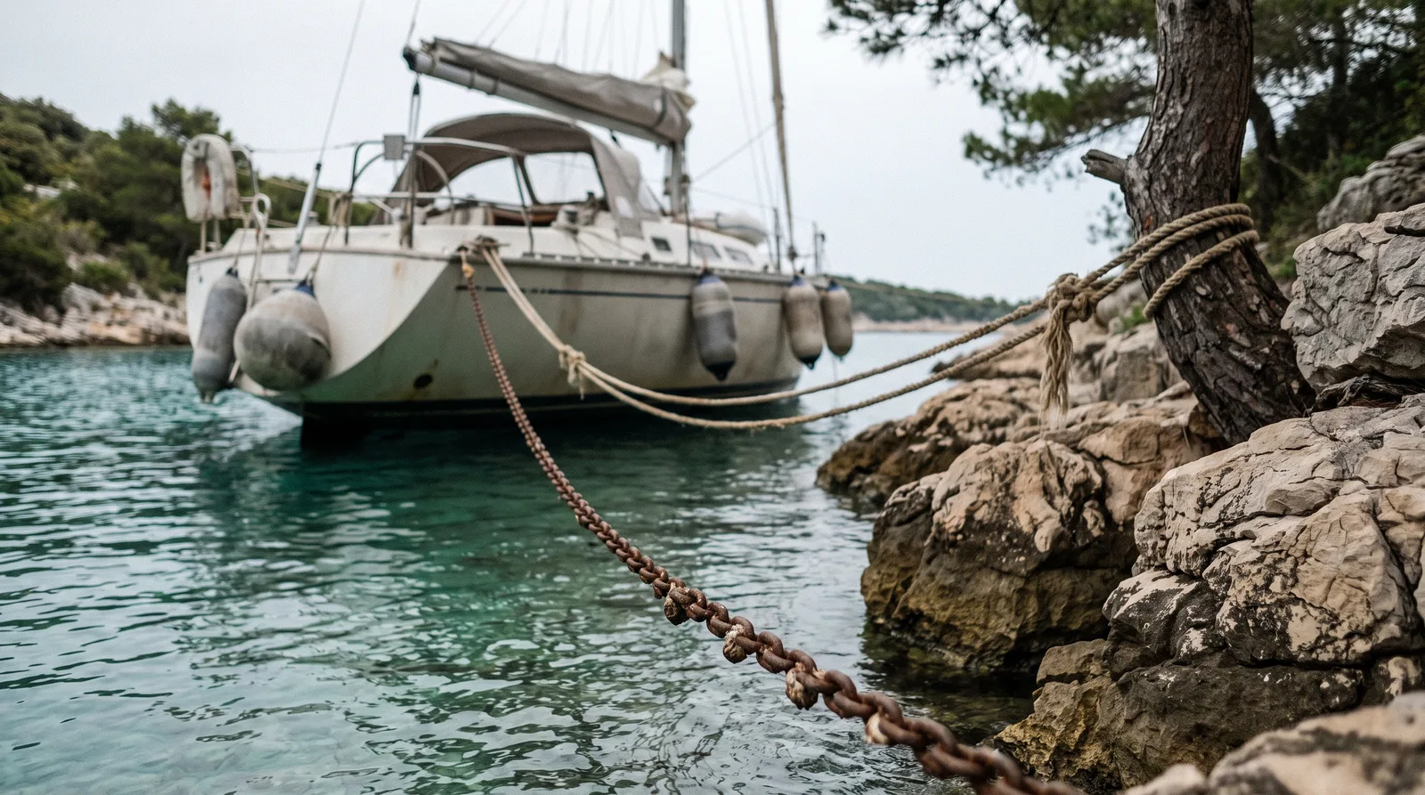 A sailing yacht moored stern-to in a rocky Adriatic cove, two shore lines tied to a pine tree and the rocks, a chain stretched over clear water in the foreground