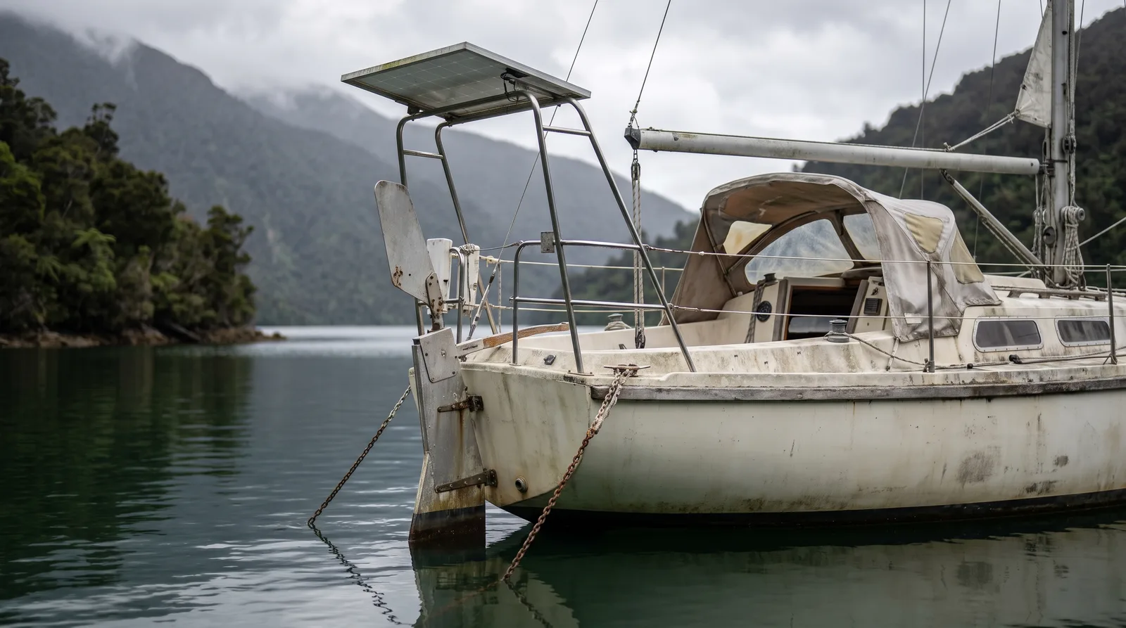 A weathered bluewater cruising yacht with windvane self-steering and a solar arch on the stern lies in a still green bay below steep forested hills, with low grey cloud on the ridges.