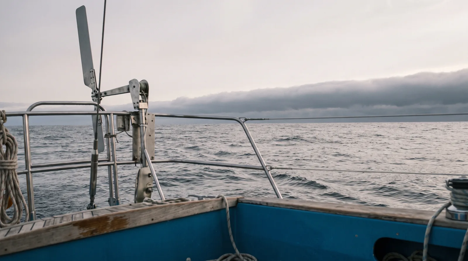 View from the stern of a cruising yacht across open sea: a stainless windvane self-steering gear on the pushpit, a blue hull with teak capping in front, and a long dark band of frontal cloud building on the horizon.