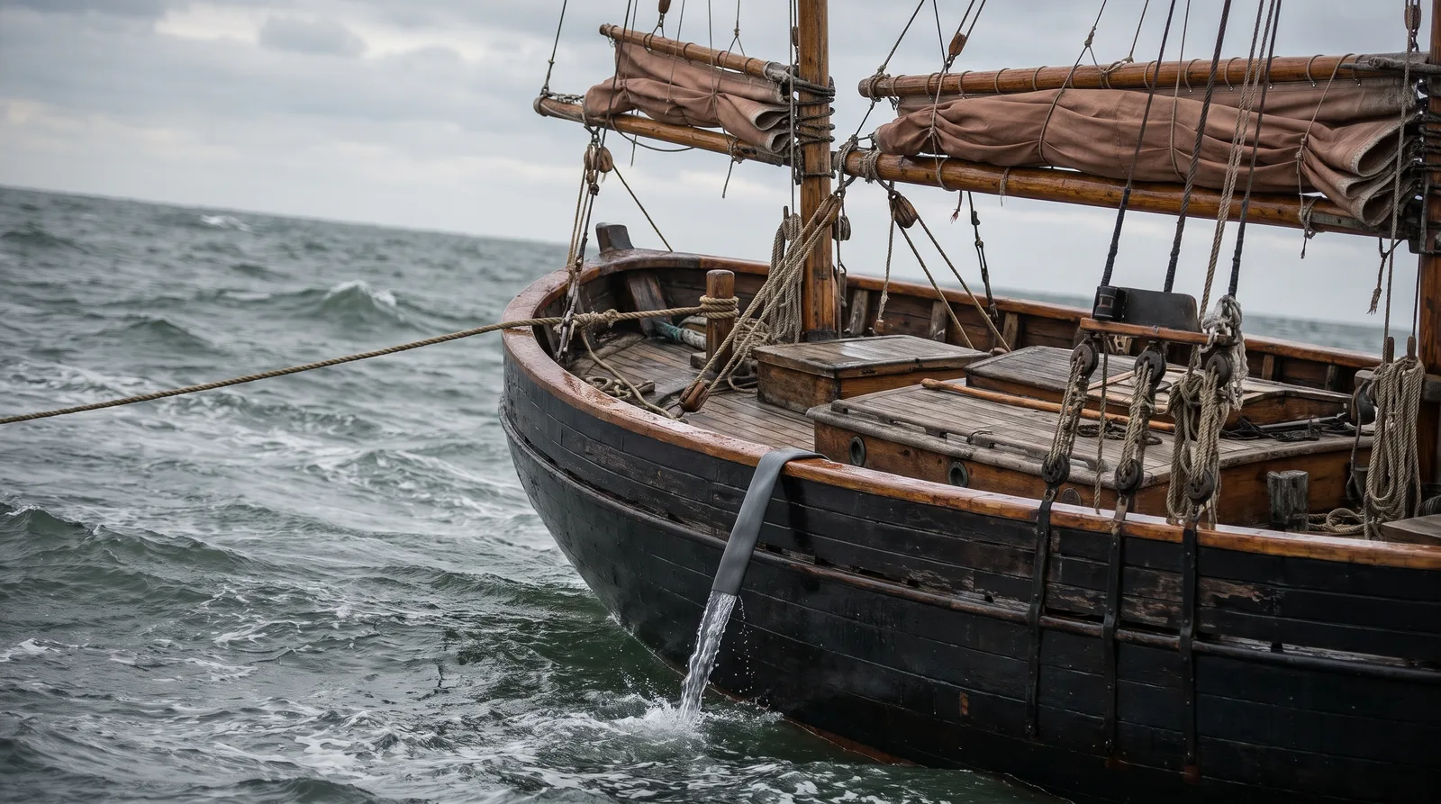 Old black-hulled wooden cutter in a grey North Sea, tow line at the bow, a hose pumping water out over the rail