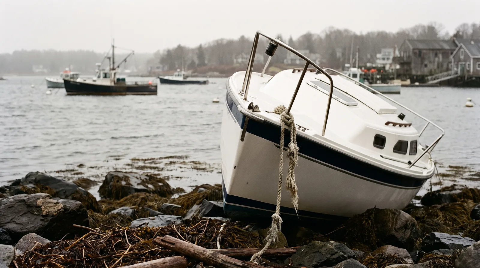 Weißes Motorboot liegt nach dem Sturm schräg am Steinstrand, am Bug hängt eine aufgeriebene Leine