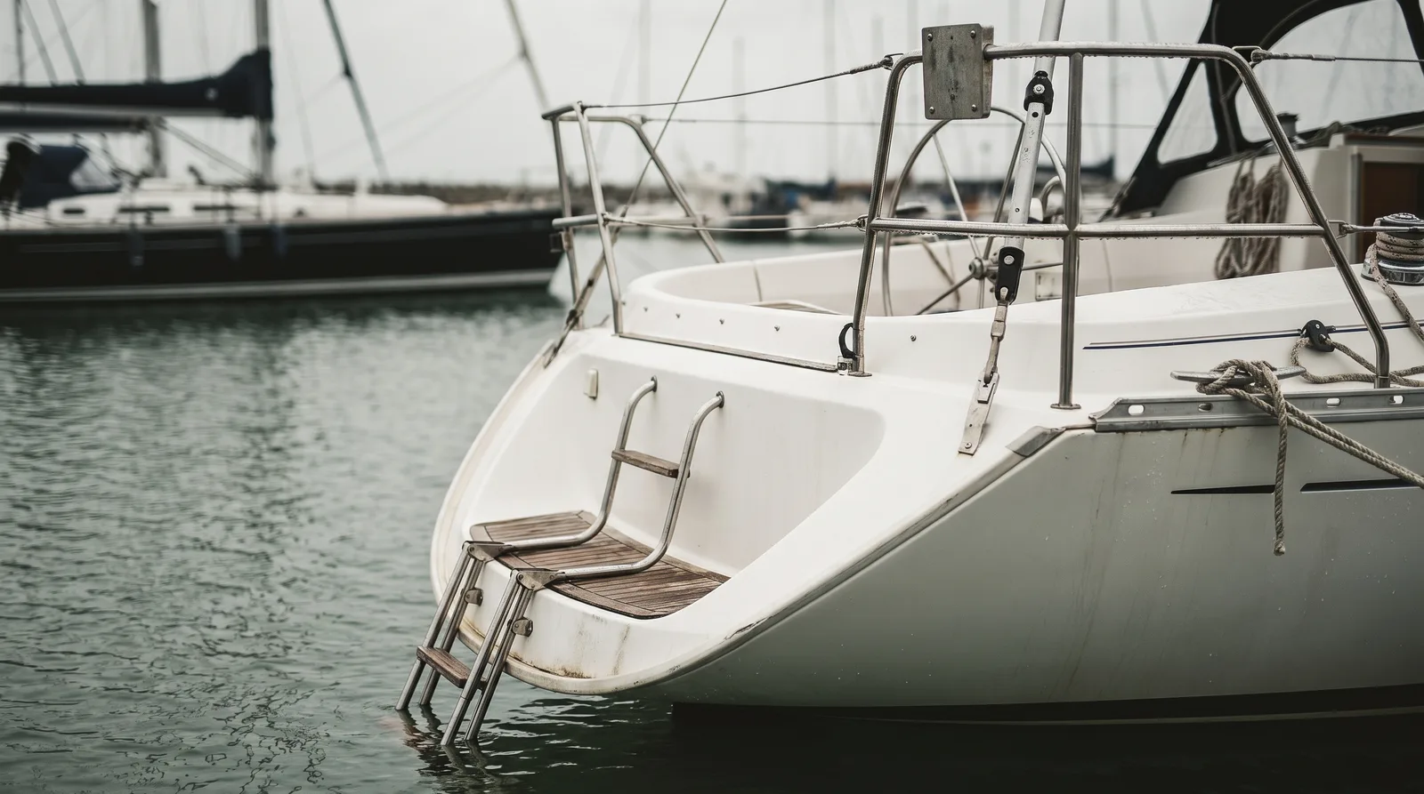 Heck einer Segelyacht im Hafen, eine heruntergeklappte Badeleiter aus Edelstahl mit Holzstufen reicht ins Wasser, darüber Heckkorb und Seezaun, im Hintergrund unscharf Masten und Rümpfe