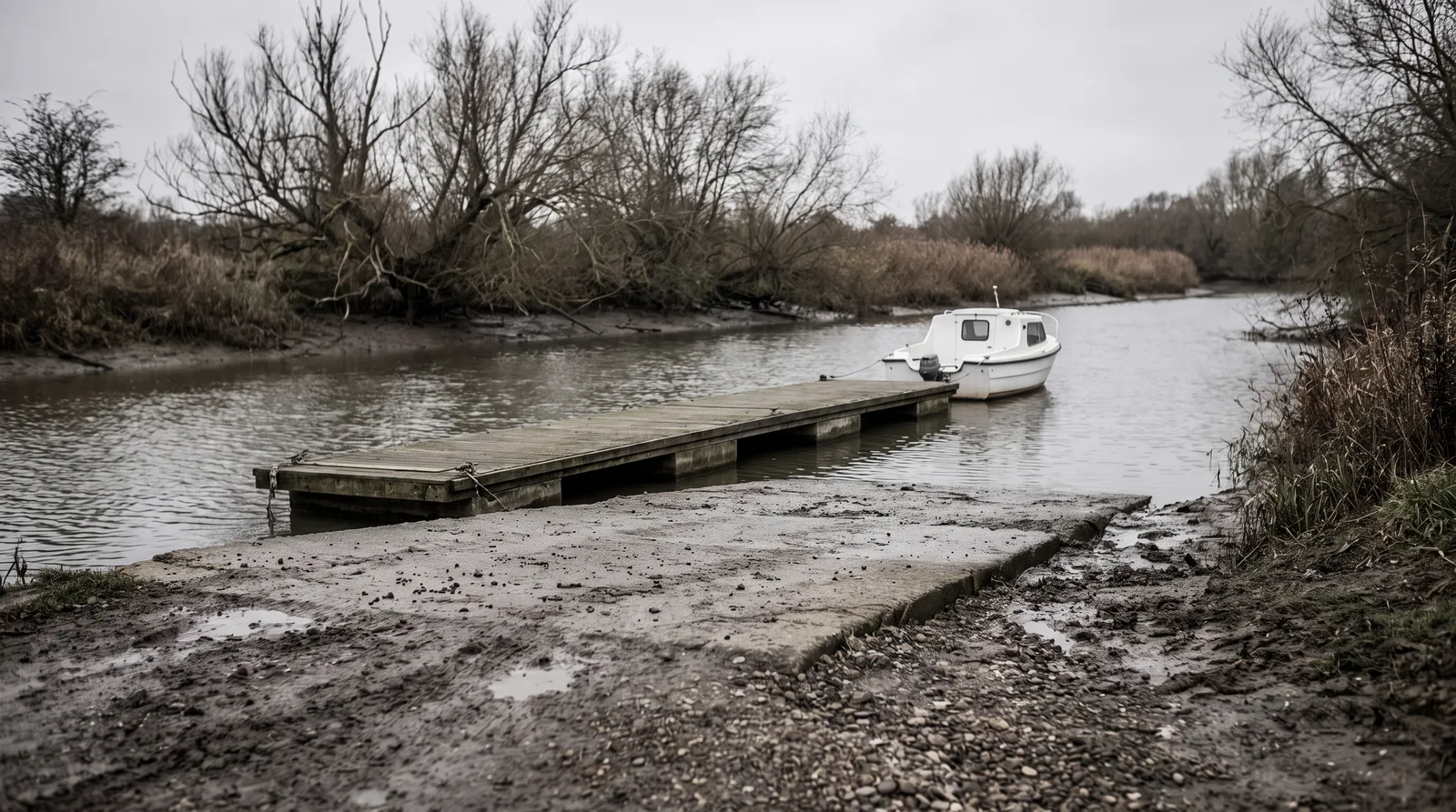 Eine Betonslipanlage an einem Fluss liegt bei Niedrigwasser weit über der Wasserlinie, davor Schlamm und Kies. Ein niedriger Holzsteg führt ins trübe Wasser, daran ein kleines weißes Kajütboot mit Außenborder, dahinter kahle Weiden unter grauem Himmel.