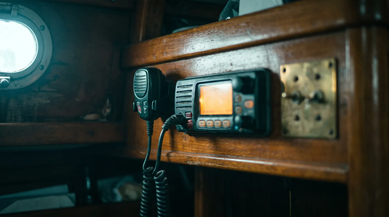 A VHF marine radio at a chart table below deck with a lit display