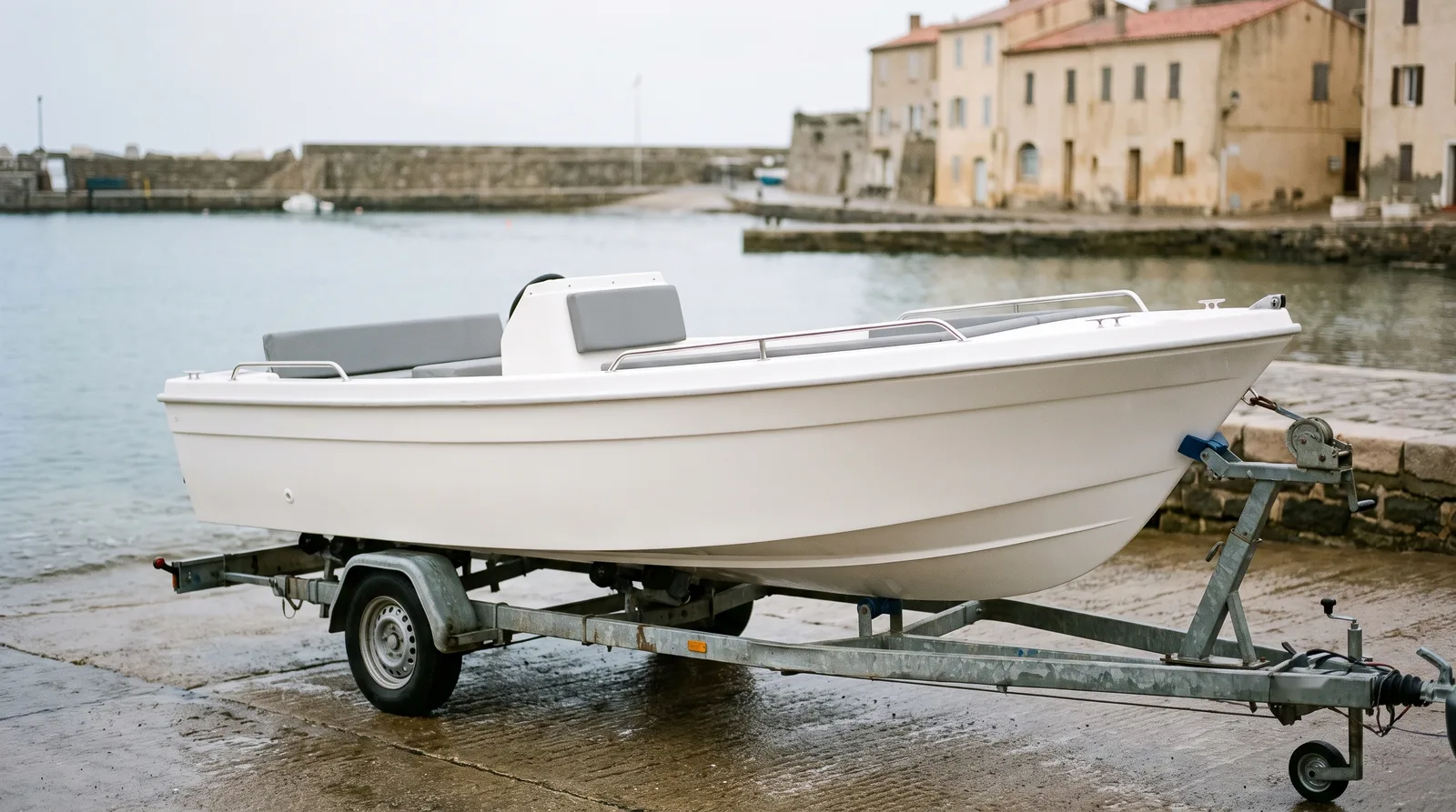 Neues weißes offenes Motorboot ohne Motor mit grauen Polstern auf einem verzinkten Straßentrailer oben an einer nassen Betonslipanlage, dahinter ein ruhiges Hafenbecken mit Steinmole und ockerfarbenen Häusern unter bedecktem Himmel
