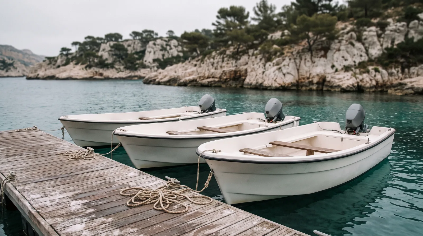 Three small white open motorboats with wooden thwarts and grey outboard engines moored side by side at a weathered wooden pontoon in a rocky Mediterranean cove, pale limestone cliffs and pines behind under an overcast sky