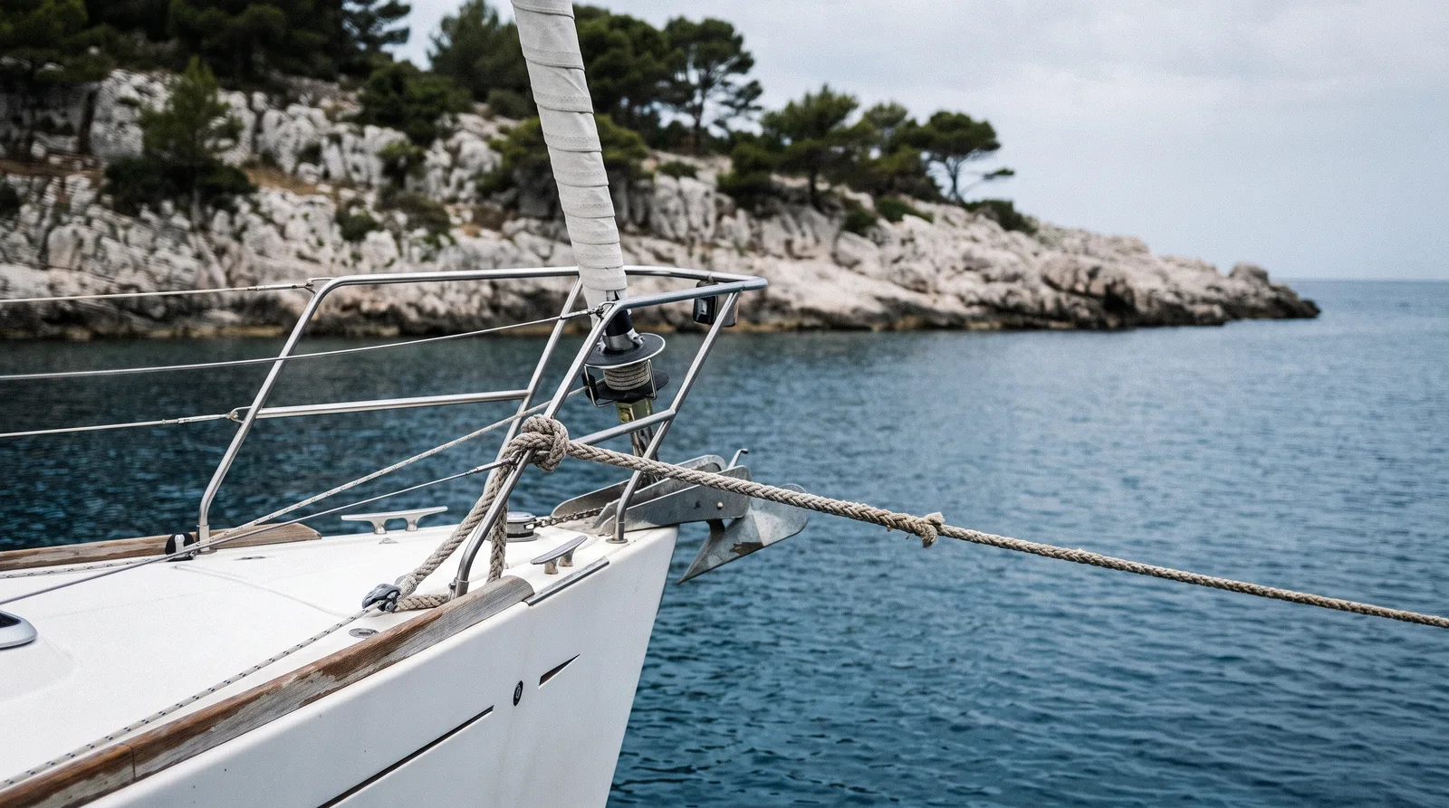 The white bow of a sailing yacht with a furled headsail, a thick towing line running taut from the pulpit out over calm blue water, with a rocky limestone shore and pine trees behind.