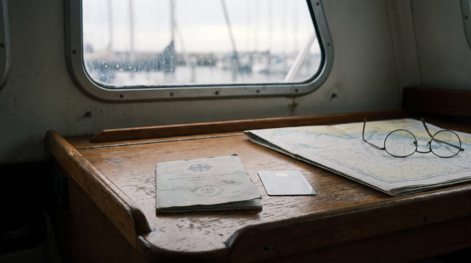 A boat helm with an open paper chart and dividers in morning light