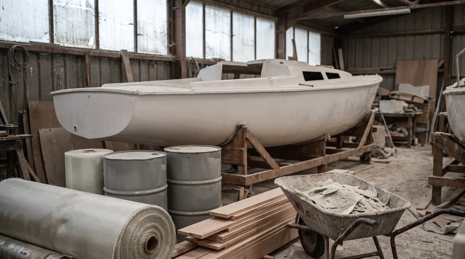 Unfinished white fibreglass sailboat hull on a timber cradle in a boatbuilding shed, with rolls of glass fibre cloth, grey drums, timber battens and a wheelbarrow of sanding waste in the foreground.