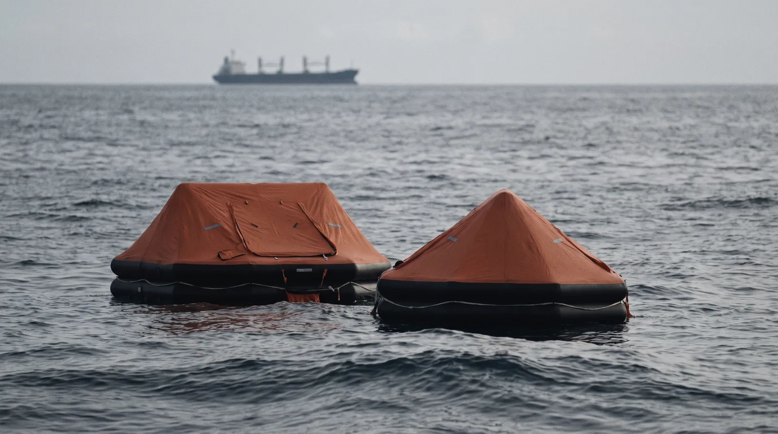 Zwei orangefarbene Rettungsinseln mit geschlossenem Dach treiben auf grauer, bewegter See, weit dahinter liegt ein Frachtschiff im Dunst am Horizont.