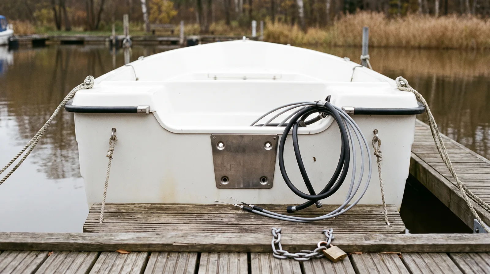 Weißes Motorboot am Holzsteg, am Heck nur noch die leere Motorplatte, daneben lose Schläuche und eine Kette mit Vorhängeschloss