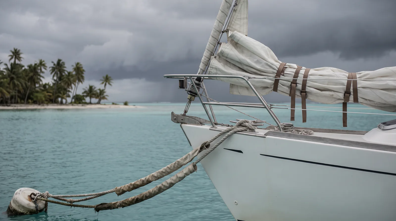 Bow of a white cruising yacht on a mooring buoy in a turquoise lagoon, the line doubled up with chafe protection and the mainsail lashed down with brown straps, a palm-fringed islet and a dark storm front behind.