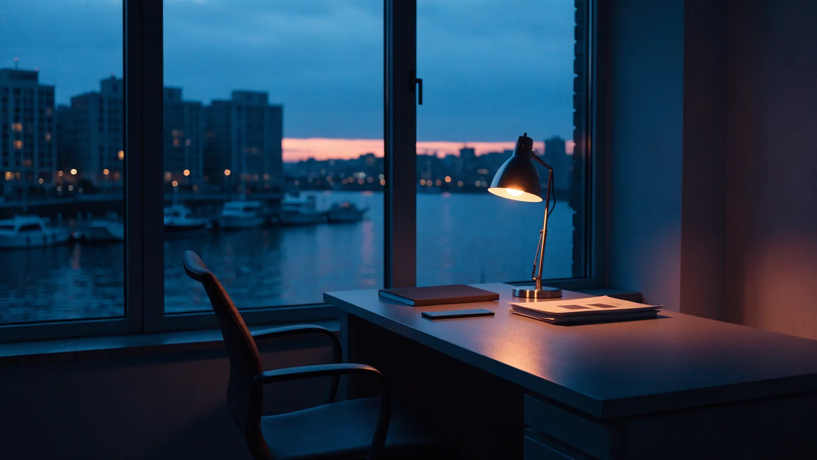 Arbeitsplatz mit Blick auf den Hafen am Abend