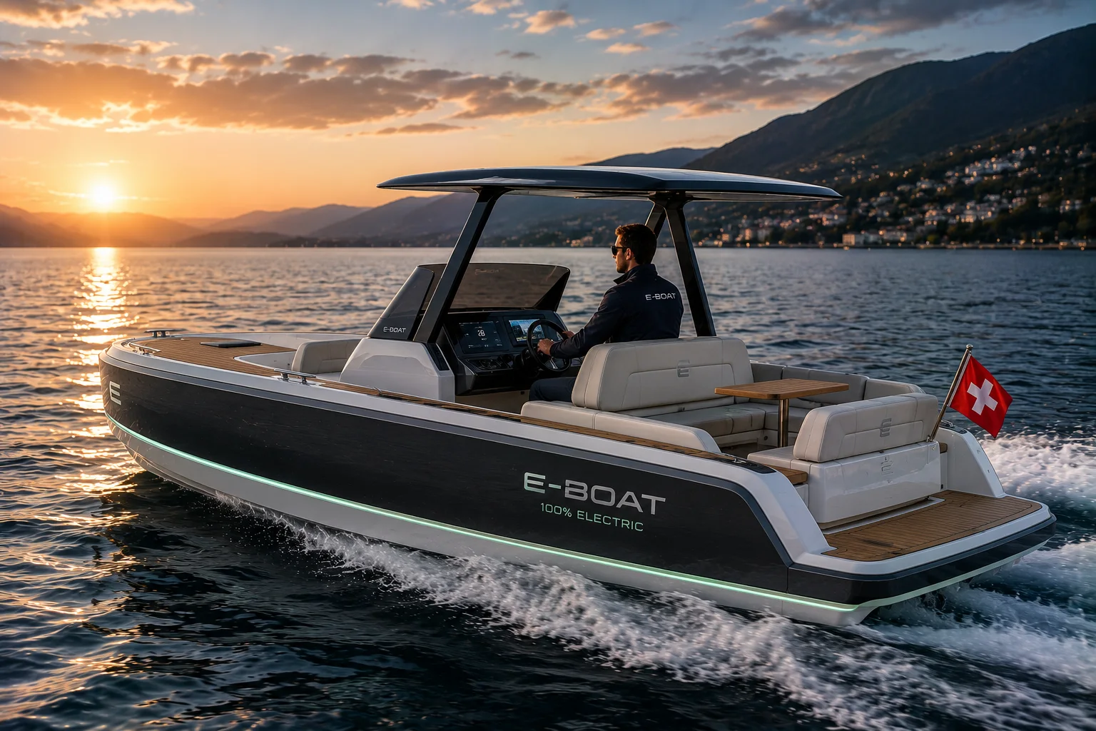 Elektrisch angetriebenes Boot im Abendlicht