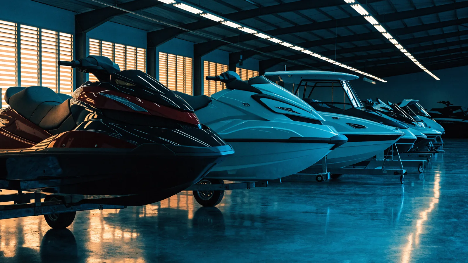 Jetskis und Sportboote in einer Ausstellungshalle
