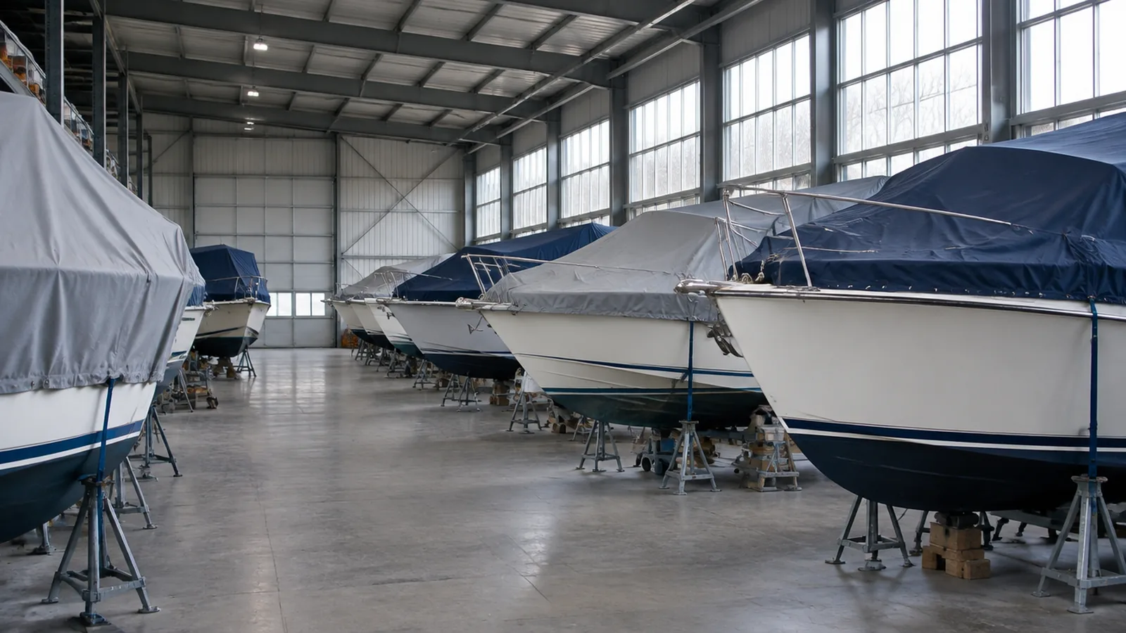 Boote unter Persenning in einer hellen Winterlagerhalle
