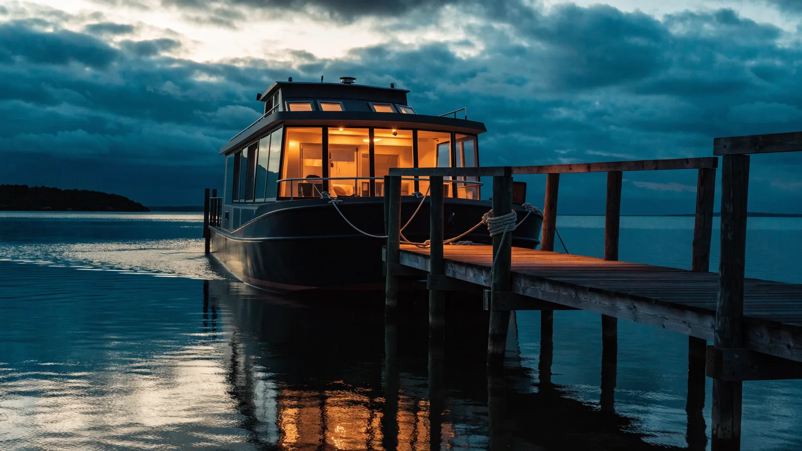 Hausboot mit beleuchteten Fenstern am eigenen Steg