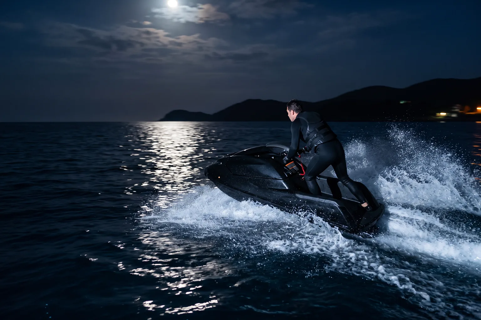 Jetski in Fahrt im Mondlicht auf dunklem Wasser