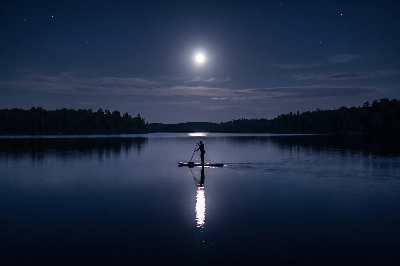 Stand-up-Paddler nachts auf spiegelglattem See im Mondlicht