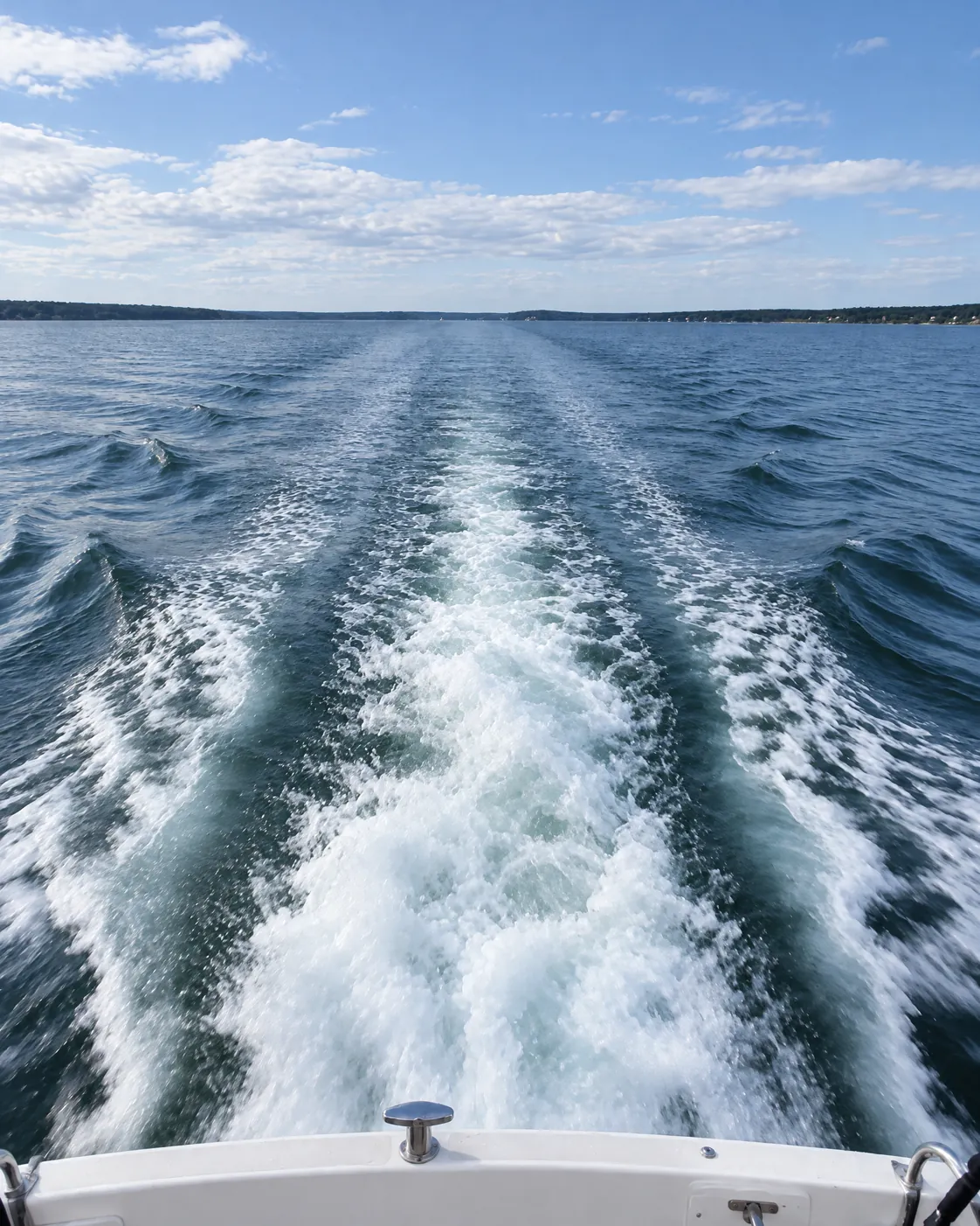 Blick vom Heck eines Motorboots auf das schäumende Kielwasser zur blauen Stunde