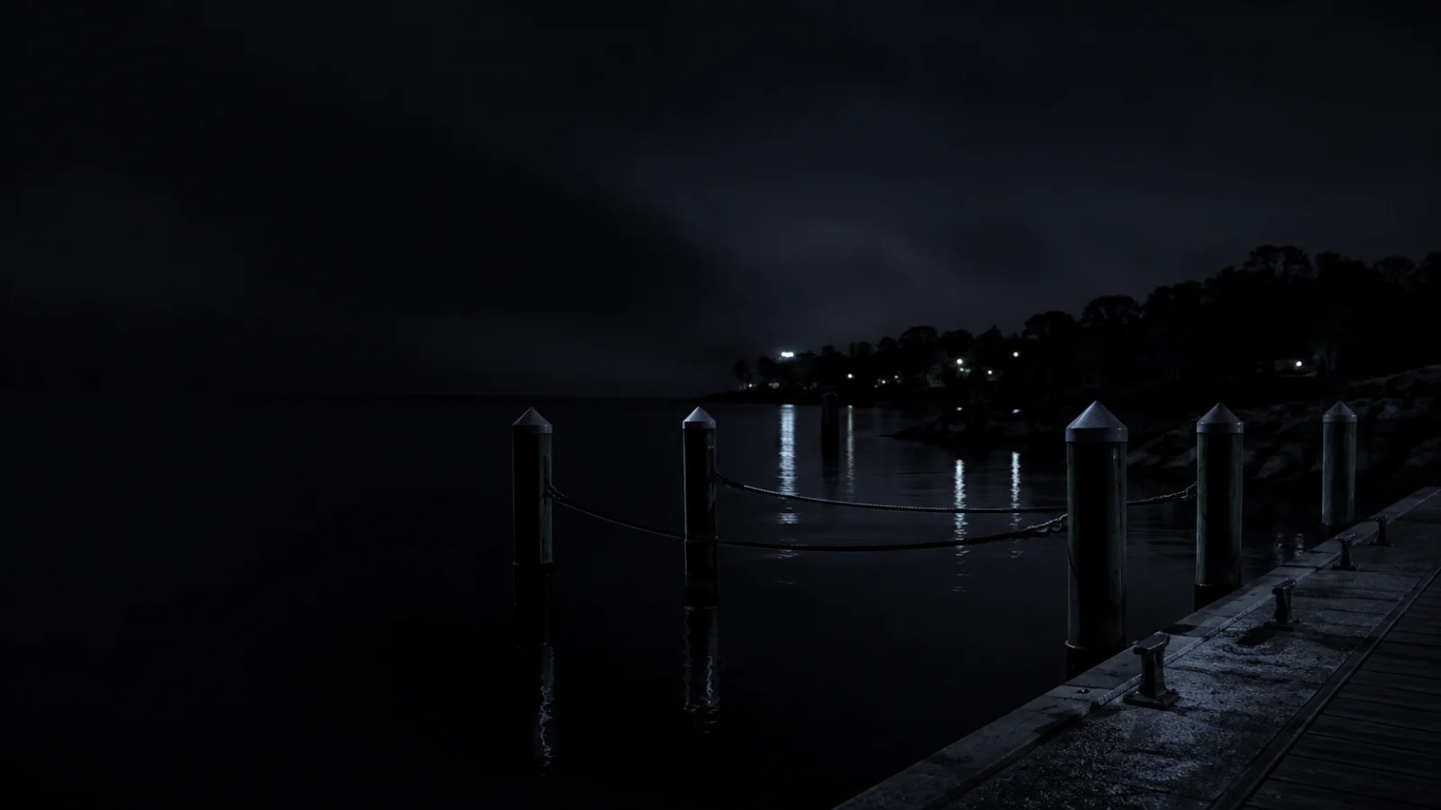 Leerer Liegeplatz bei Nacht, Dalben und stilles Wasser
