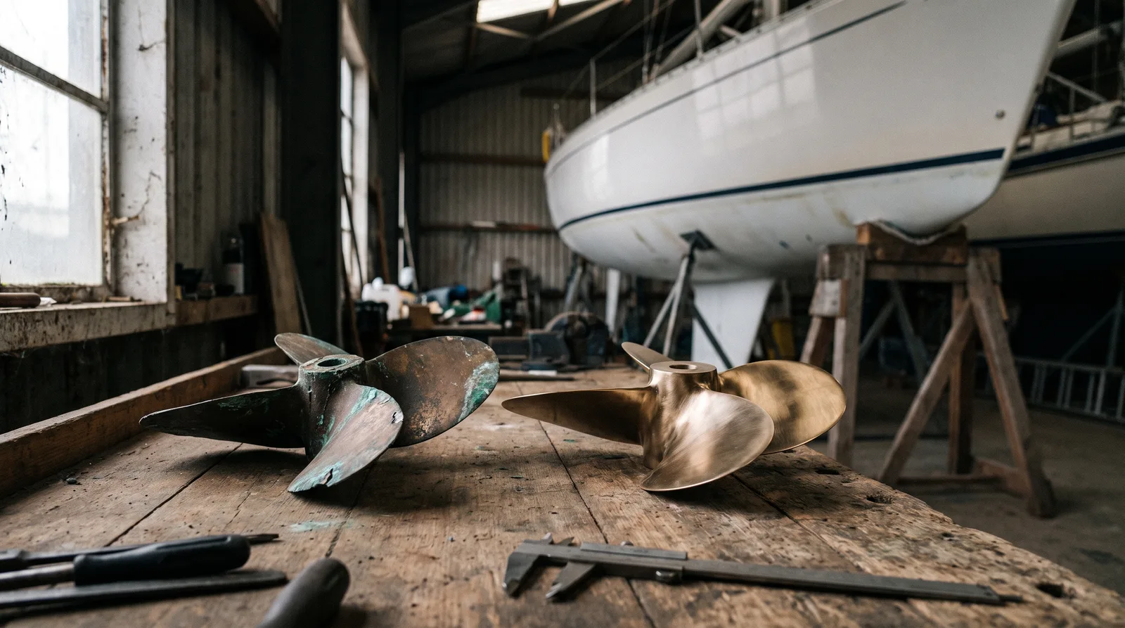 Two bronze propellers on an old workbench in a boat shed: on the left a bent one with green patina, on the right a new polished one, a calliper in front and a white sailing yacht on wooden trestles out of focus behind