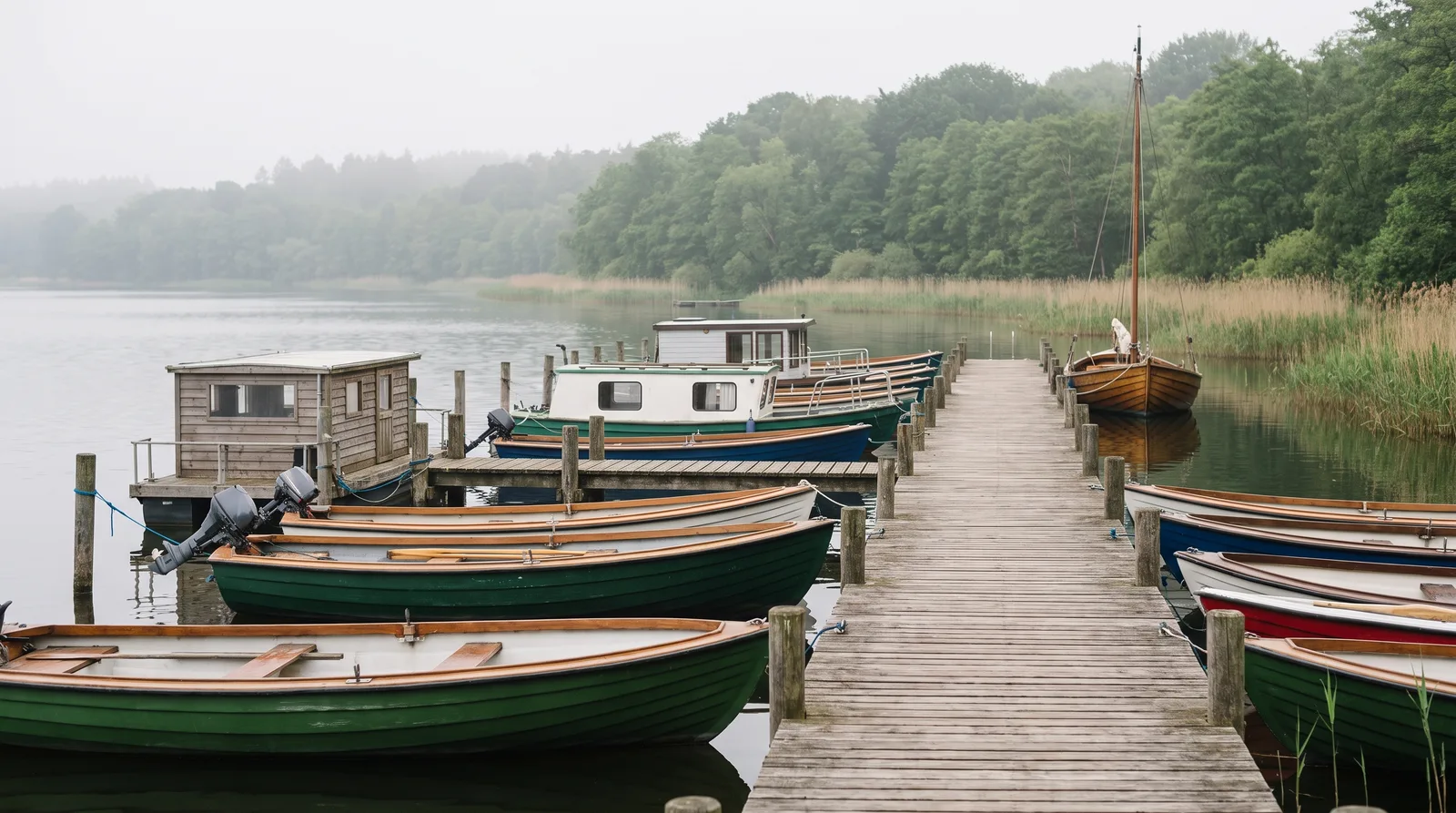 Ein langer Holzsteg an einem See im Morgendunst, daran viele Mietboote in einer Reihe und am Ende ein einzelnes eigenes Segelboot