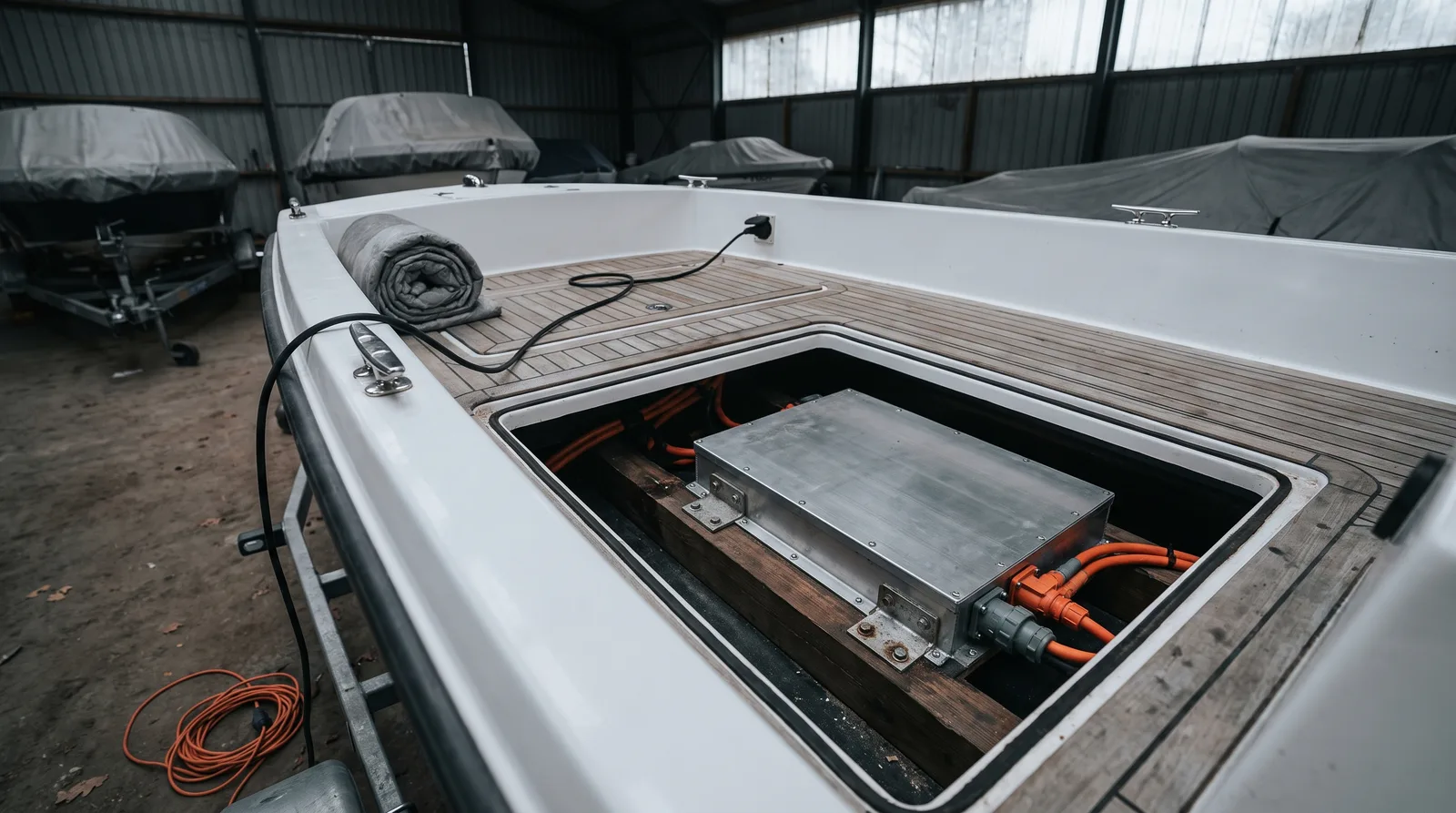 View into the open floor hatch of a white electric boat on a trailer in a storage hall: a flat battery pack in an aluminium case on timber bearers with orange high voltage cables, a black charging cable running from a socket over the side, covered boats behind