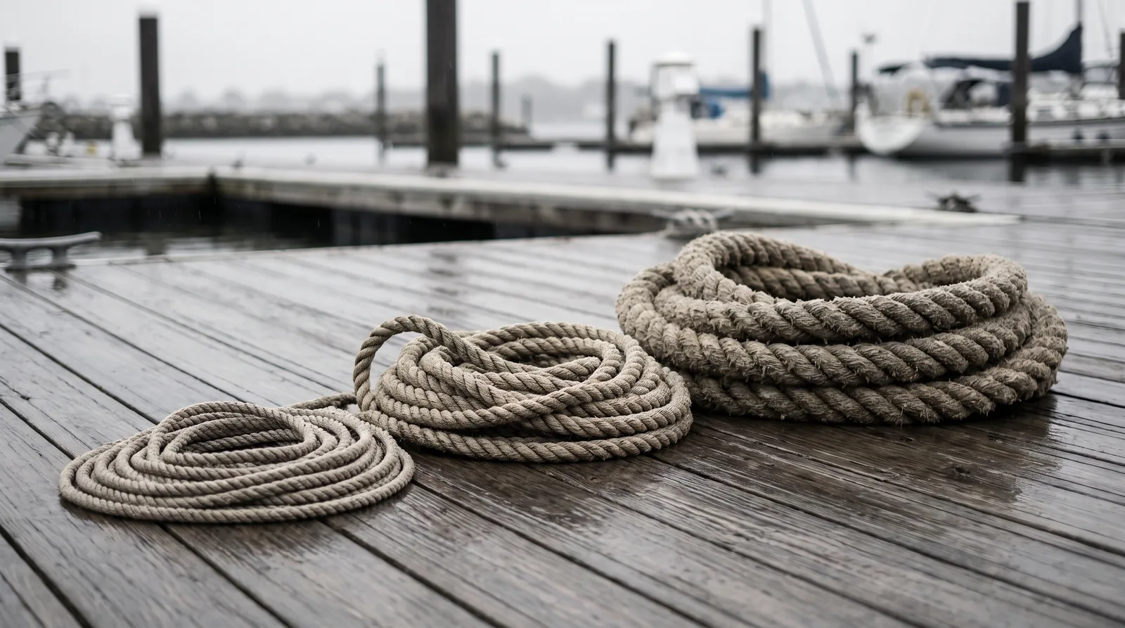 Three coiled ropes of different thickness side by side on wet pontoon planking