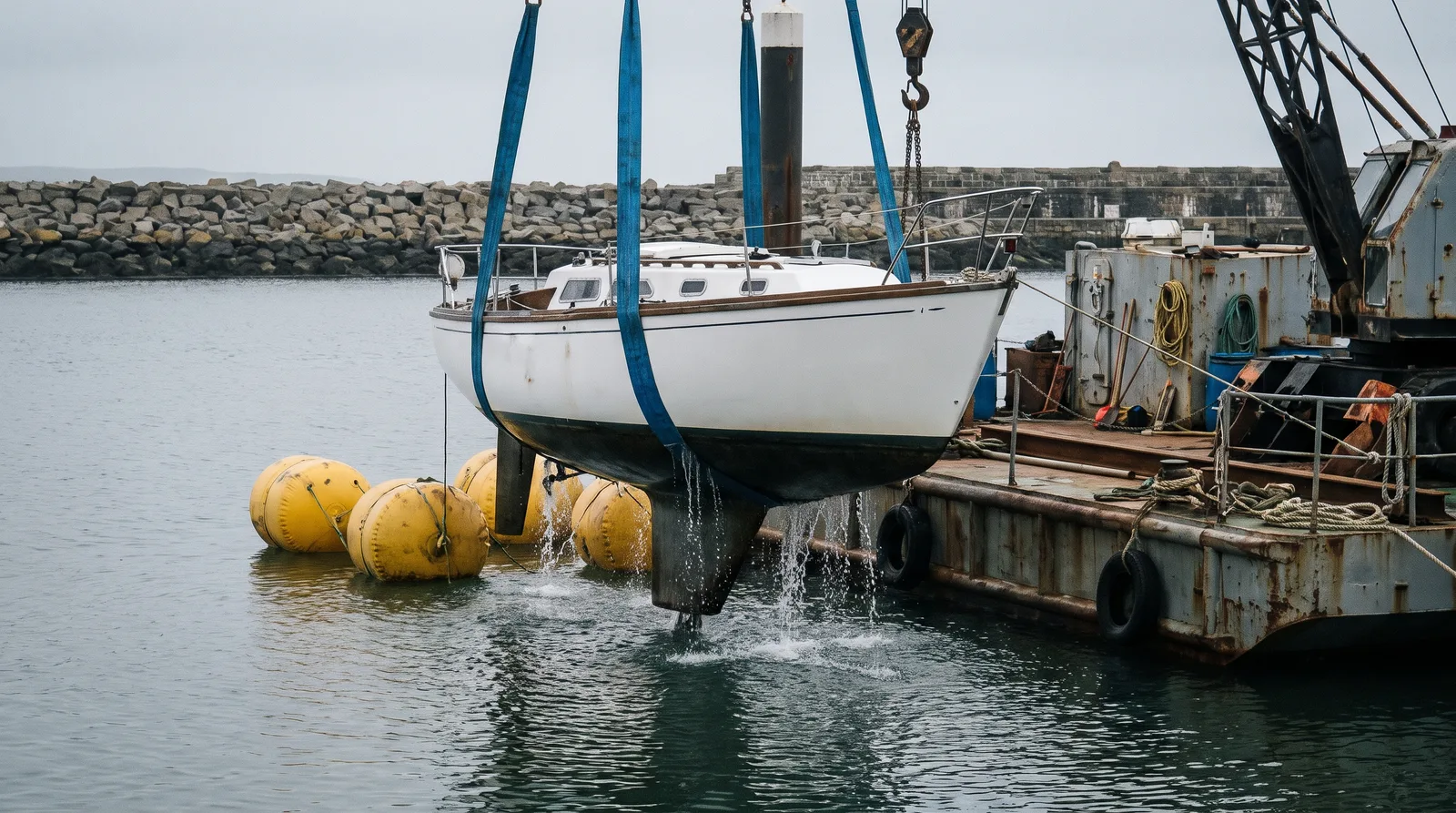 Eine weiße Segelyacht ohne Mast hängt in zwei blauen Hebegurten über einem ruhigen Hafenbecken, Wasser läuft vom Kiel, daneben gelbe Hebesäcke und ein rostiger Kranponton vor einer Steinmole bei bedecktem Tageslicht